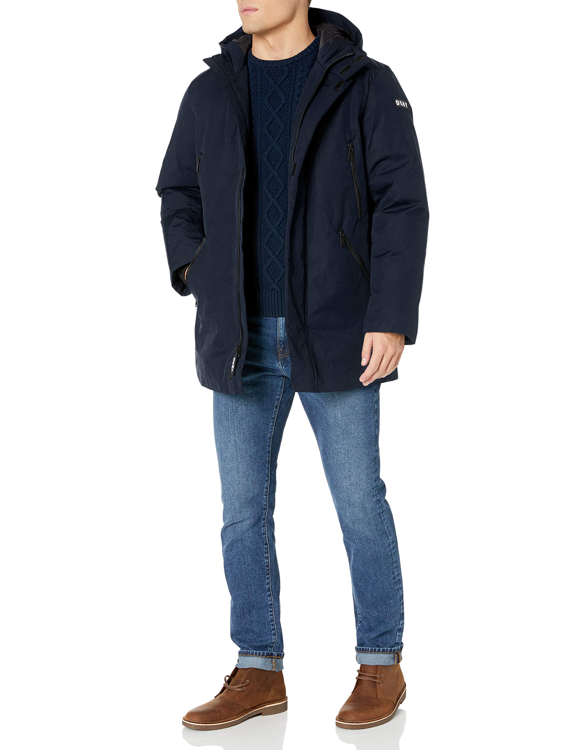DKNY Men's Water Resistant Hooded Logo Parka Jacket - Windproof Winter Coat for Outdoor Activities & Urban Style