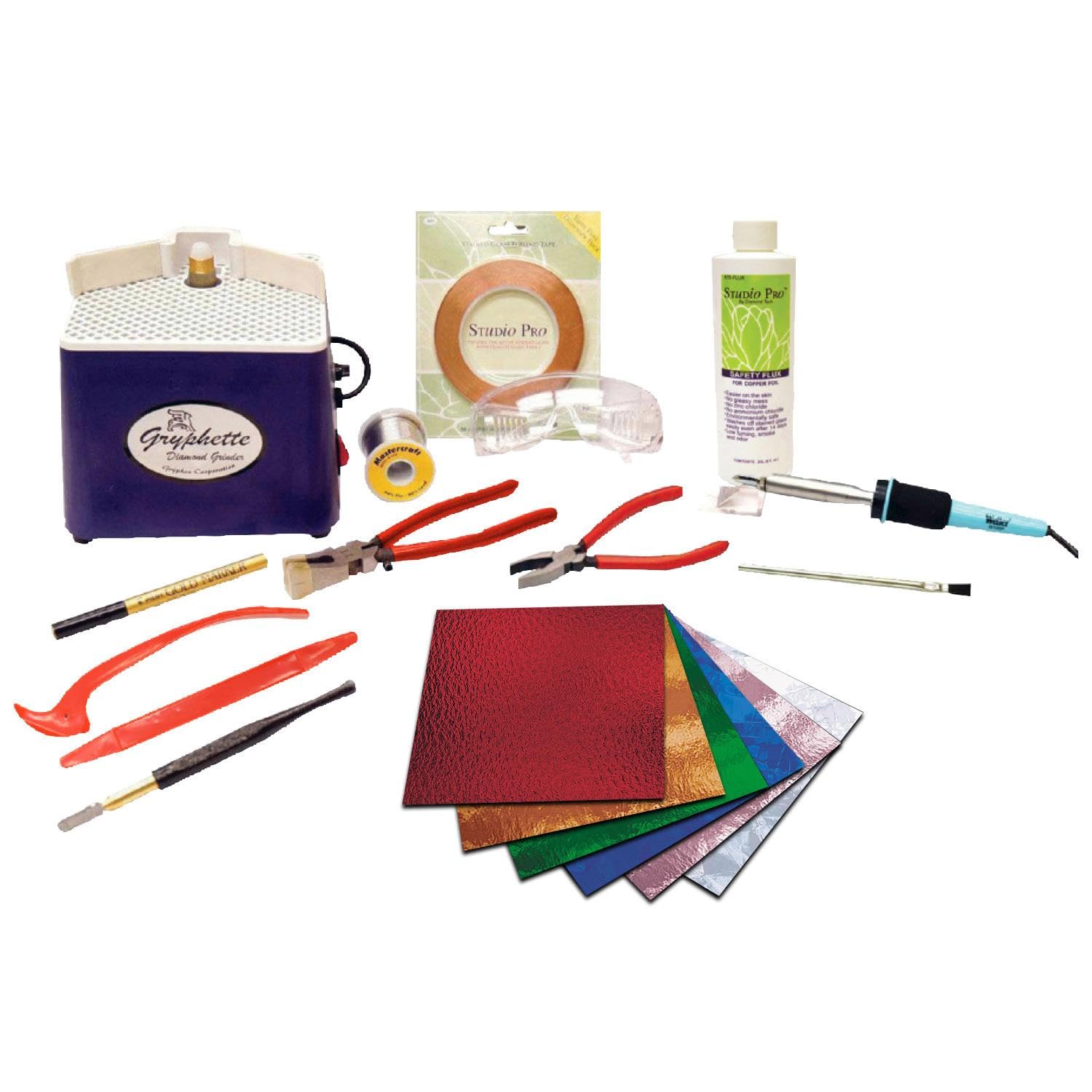 Delphi Glass Stained Glass Starter Kit - Includes Colorful Stained Glass Sheets, Glass Grinder, Essential Tools & Supplies for DIY Stained Glass Art Projects | Perfect for Beginners, Home Decor, Church Windows & Gift Making