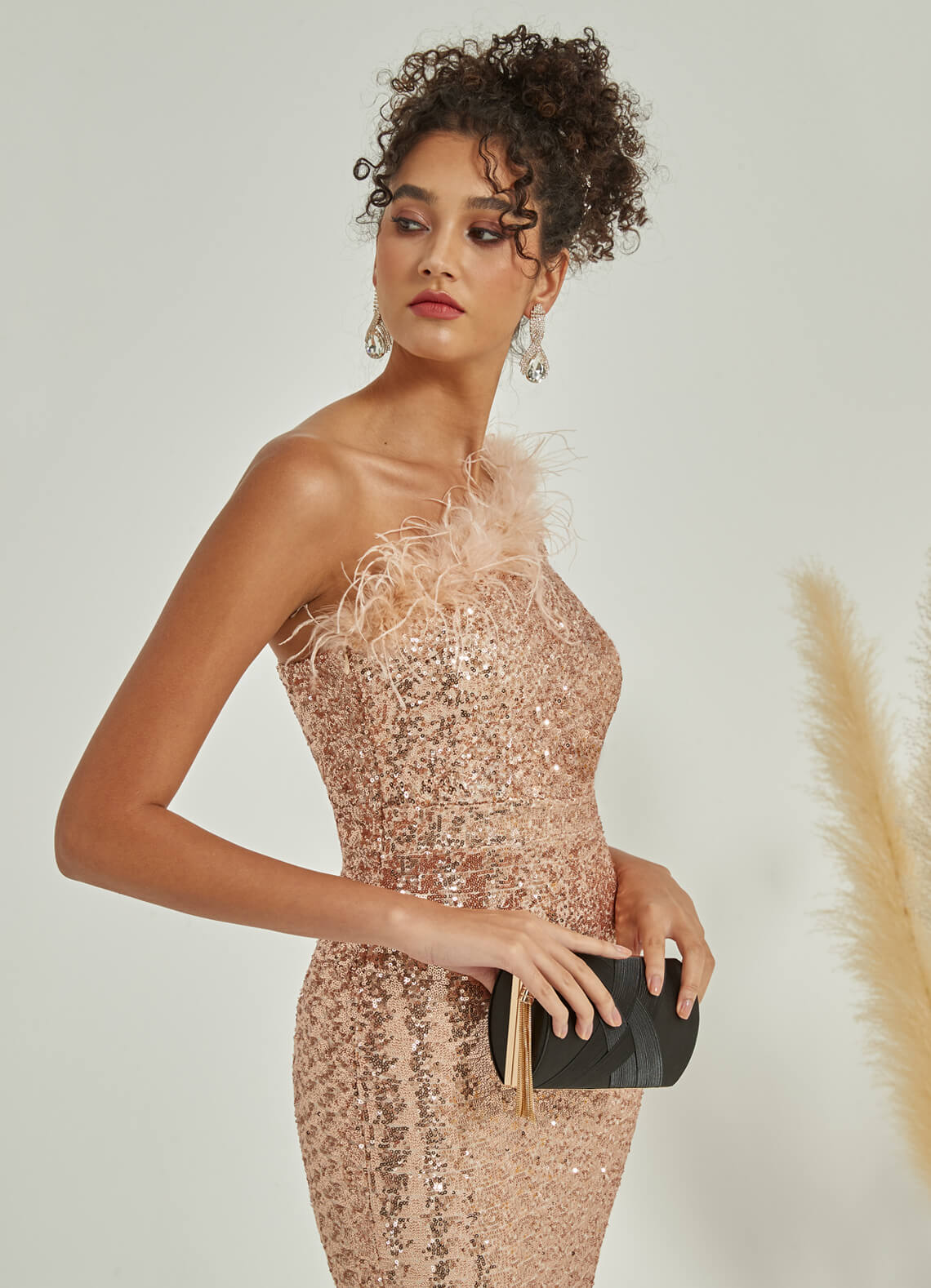 Luxury Champagne Gold One Shoulder Feather Sequin Mermaid Formal Gown - Elegant Evening Dresses for Prom, Gala & Black Tie Events