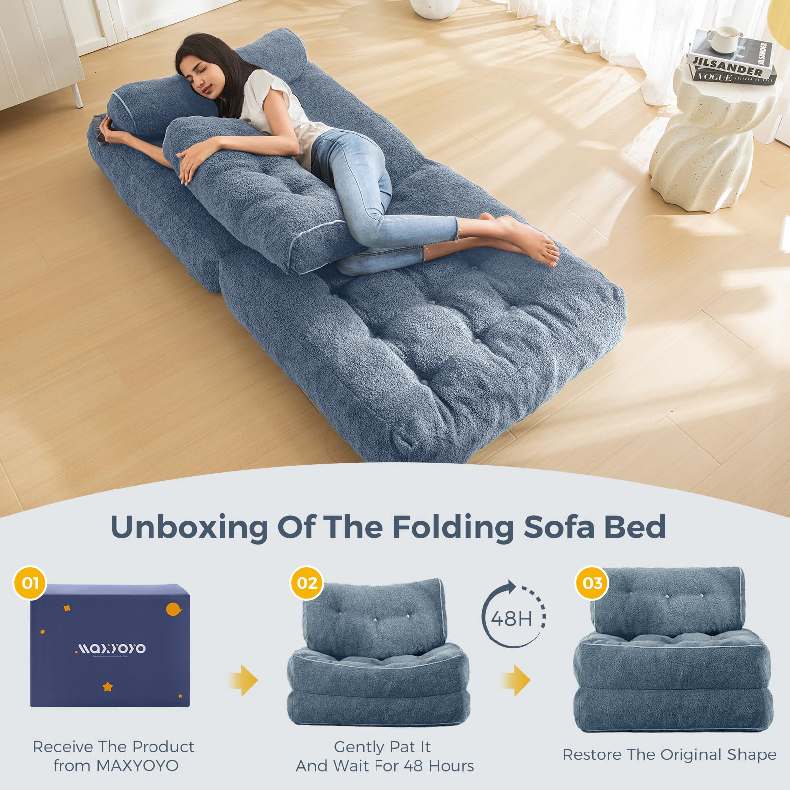 MAXYOYO Fuzzy Sofa Bed - Convertible Sleeper Chair with Pillow in Dusty Blue | Comfortable Foldable Couch for Small Spaces, Guest Room & Apartment Living