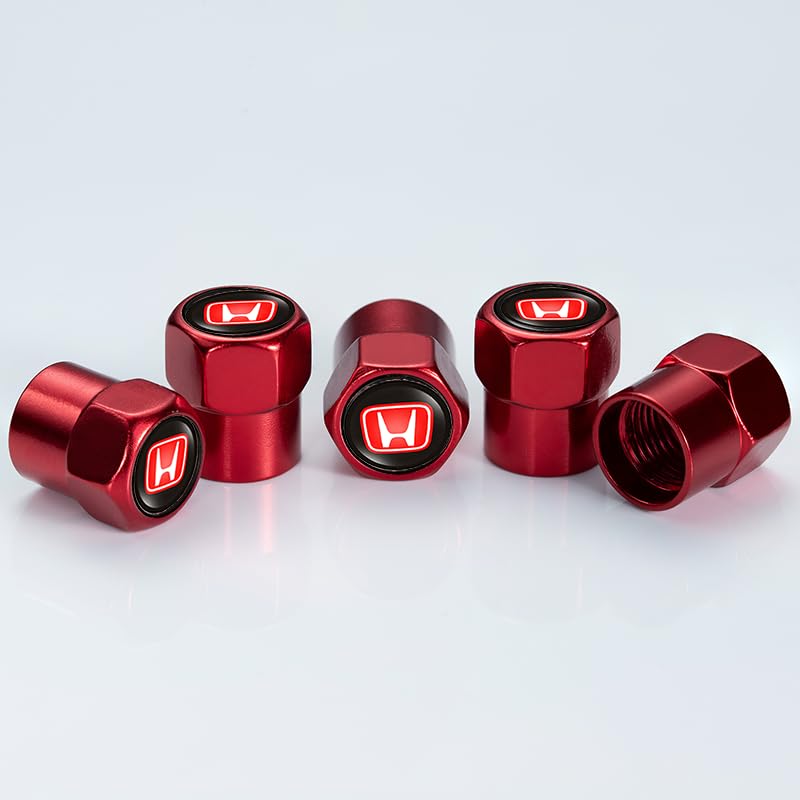 **Red Metal Car Wheel Tire Valve Stem Caps (5Pcs) - Compatible with Honda Civic, CR-V, Accord, Pilot, LX, EX, EX-L, Touring - Durable Auto Valve Stem Cover Accessories for Stylish Decoration & Protection - Perfect for Car Enthusiasts & Customization**