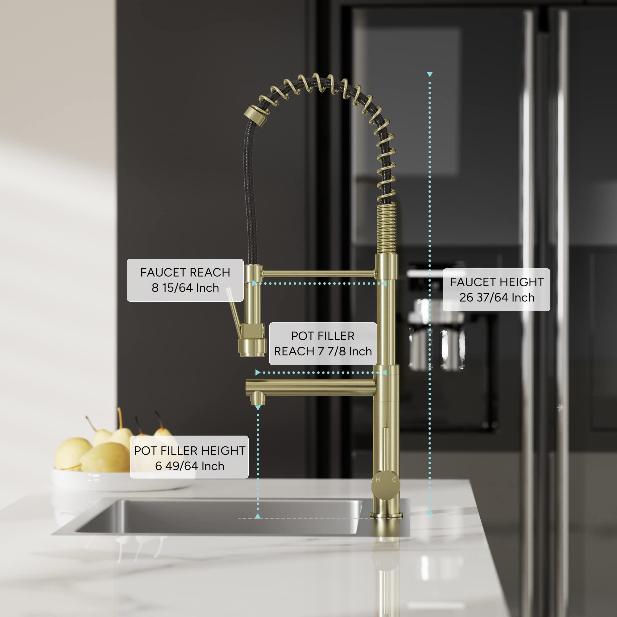 Commercial Pre-Rinse Kitchen Faucet with Pot Filler - Single Handle High Pressure Stainless Steel Sink Faucet with Pull Down Sprayer, 2-Function Spray Modes, Gold Finish - Perfect for Restaurants, Home Kitchens & High-Traffic Cooking Areas