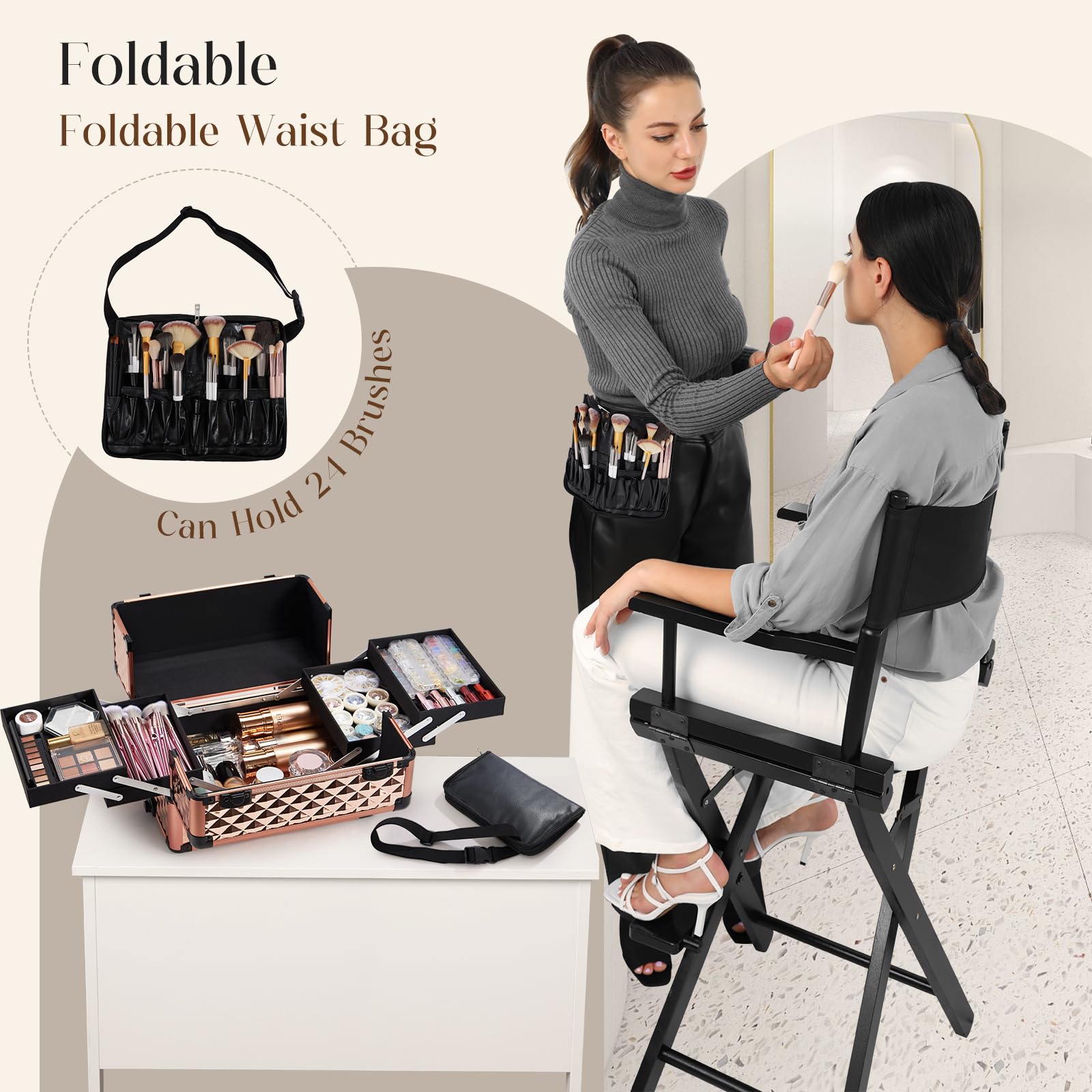 Professional Rolling Makeup Train Case - Large Capacity Cosmetic Organizer with 4-in-1 Storage, Swivel Wheels & Detachable Brush Waist Bag - Perfect for Salon Professionals, Mobile Makeup Artists & Traveling Cosmetologists - Ideal for Makeup Storage, Beauty School, Bridal Services & On-the-Go Stylists