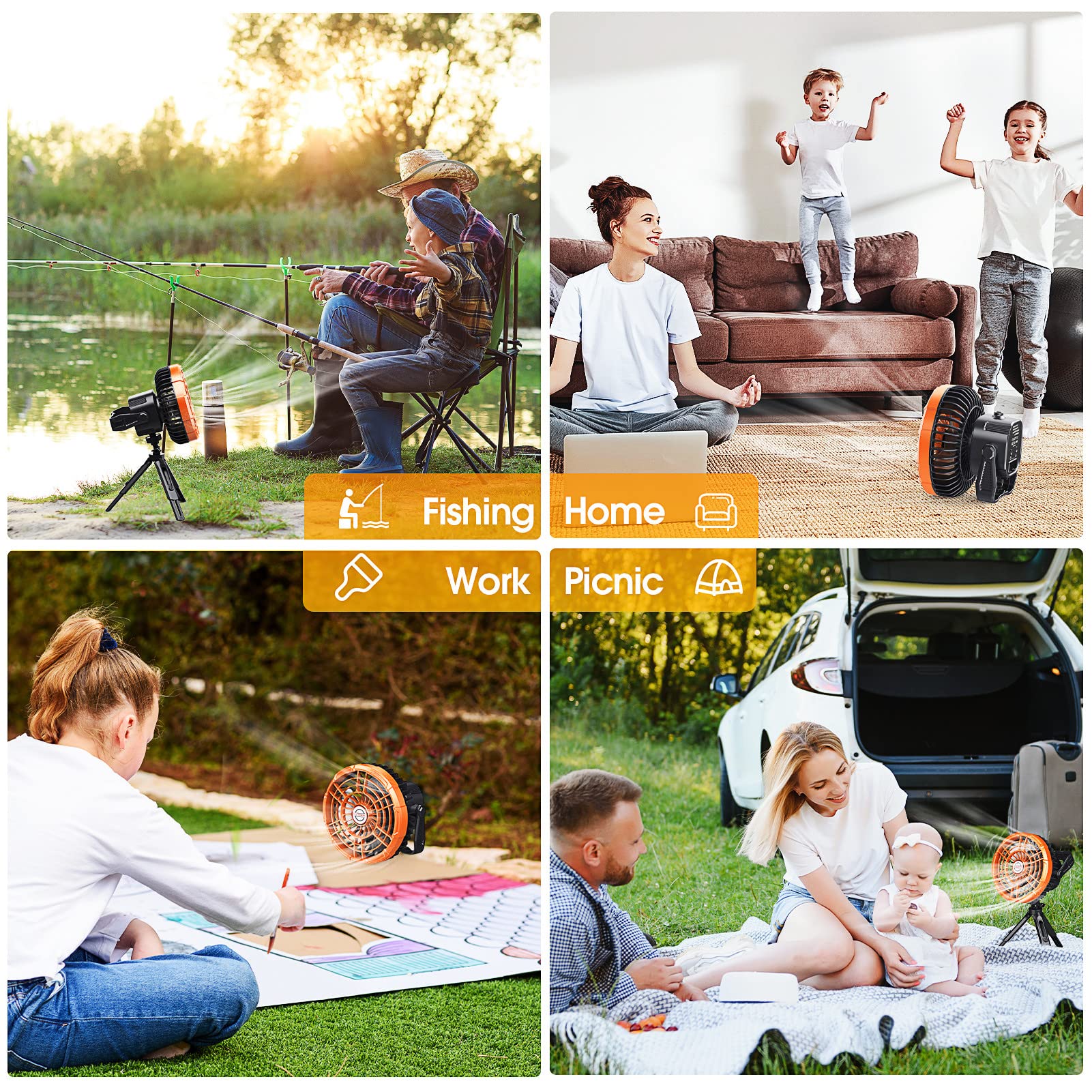 Rechargeable 10400mAh Camping Fan with LED Lantern - Portable USB Tent Fan with Hang Hook, 180° Adjustable Head, Quiet Operation & Power Bank Function | Perfect for Outdoor Activities, Picnics, BBQ, Fishing, Hiking and Emergency Use