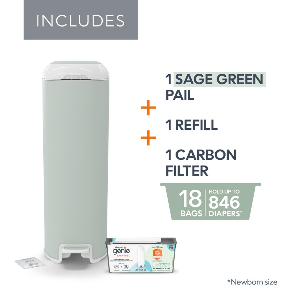 Diaper Genie Platinum Diaper Pail - Stainless Steel Baby Diaper Disposal System with Odor Control, Includes 1 Easy Roll Refill (18 Bags), Sage Green - Perfect for Nursery, Baby Room & Daycare Centers