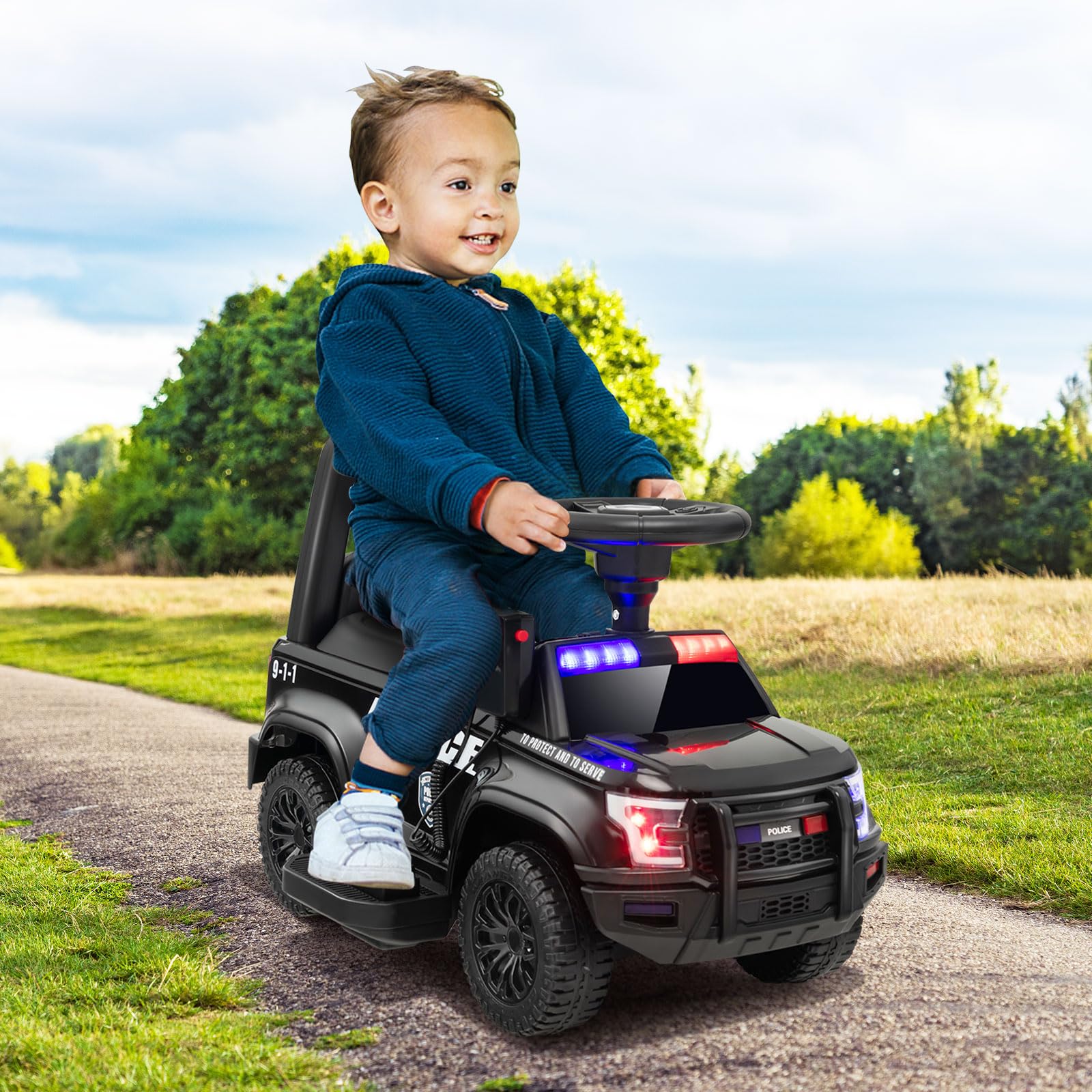 GOLUS 6V Kids Electric Police Car Toy with Megaphone, Siren, LED Lights & Music - Ride-On Toy Vehicle for Boys & Girls Ages 3-6 - Perfect for Outdoor Play, Birthday Gifts & Pretend Police Adventures