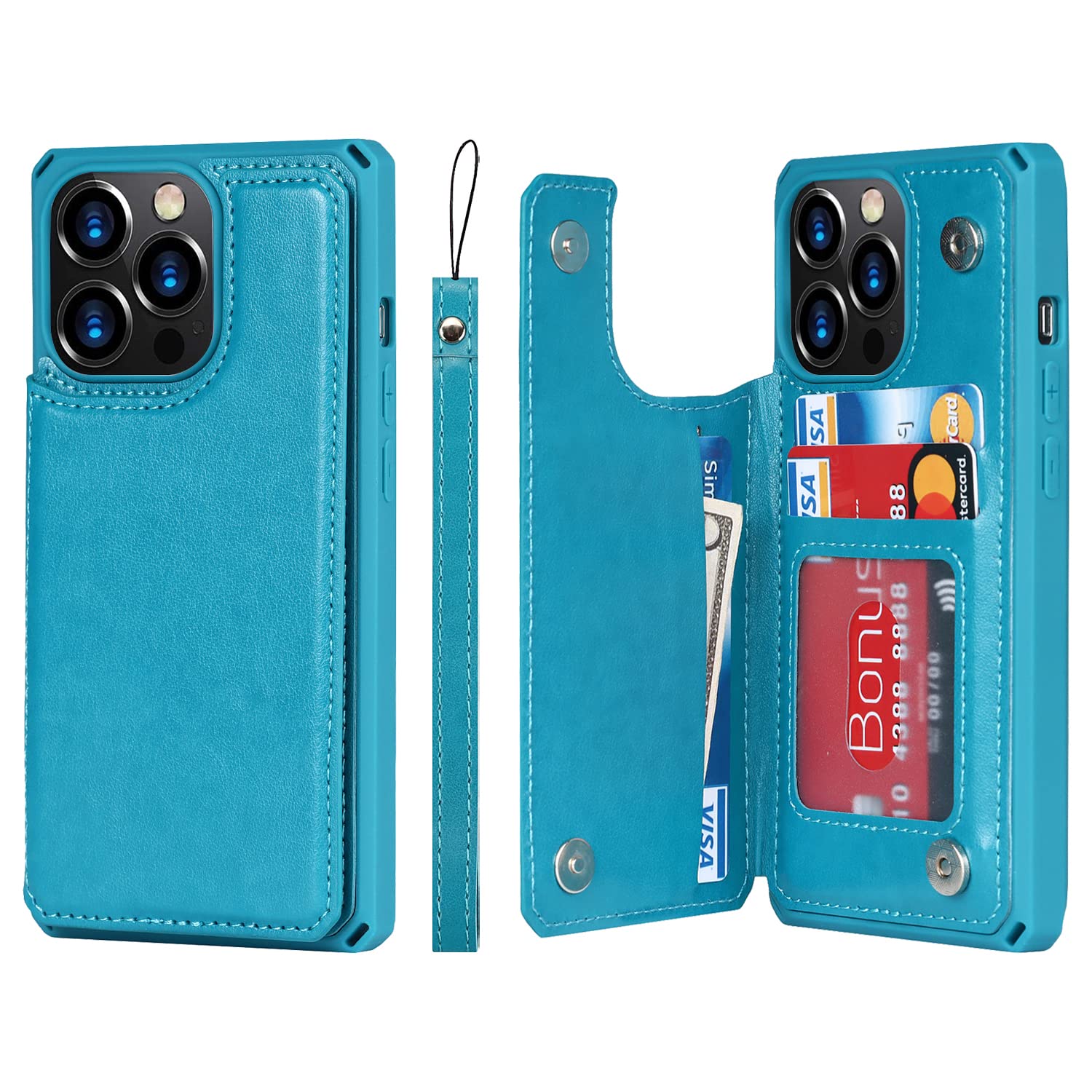 Premium PU Leather iPhone 12/12 Pro Wallet Case with Card Holder & Kickstand - Shockproof Protective Cover with Wrist Strap for Men & Women (Blue) - Perfect for Everyday Use, Travel & Hands-Free Convenience