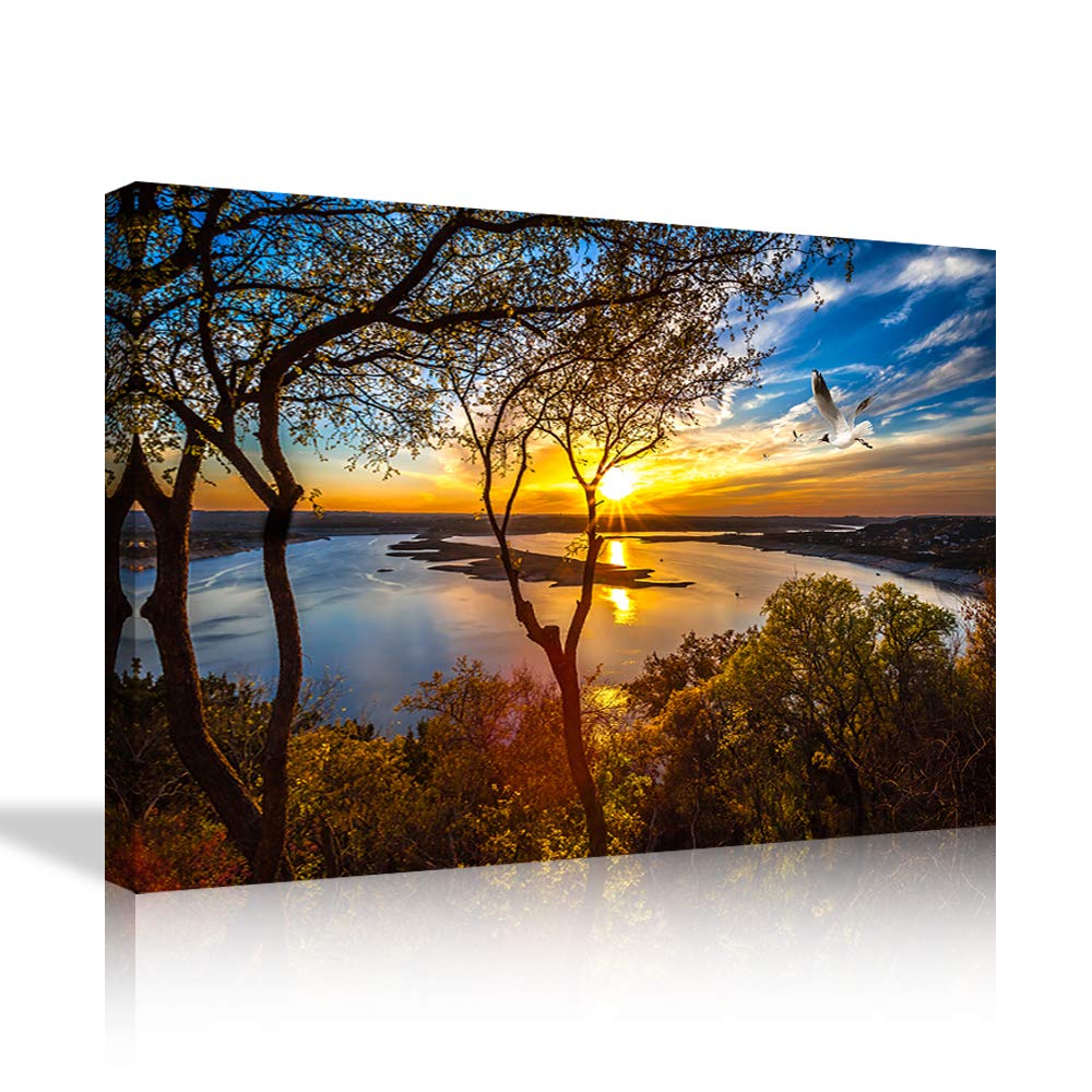 AMEMNY Sunrise and Birds Flying On The Lake Canvas Wall Art - Ready to Hang Home & Office Decor for Living Room, Bedroom, or Workspace