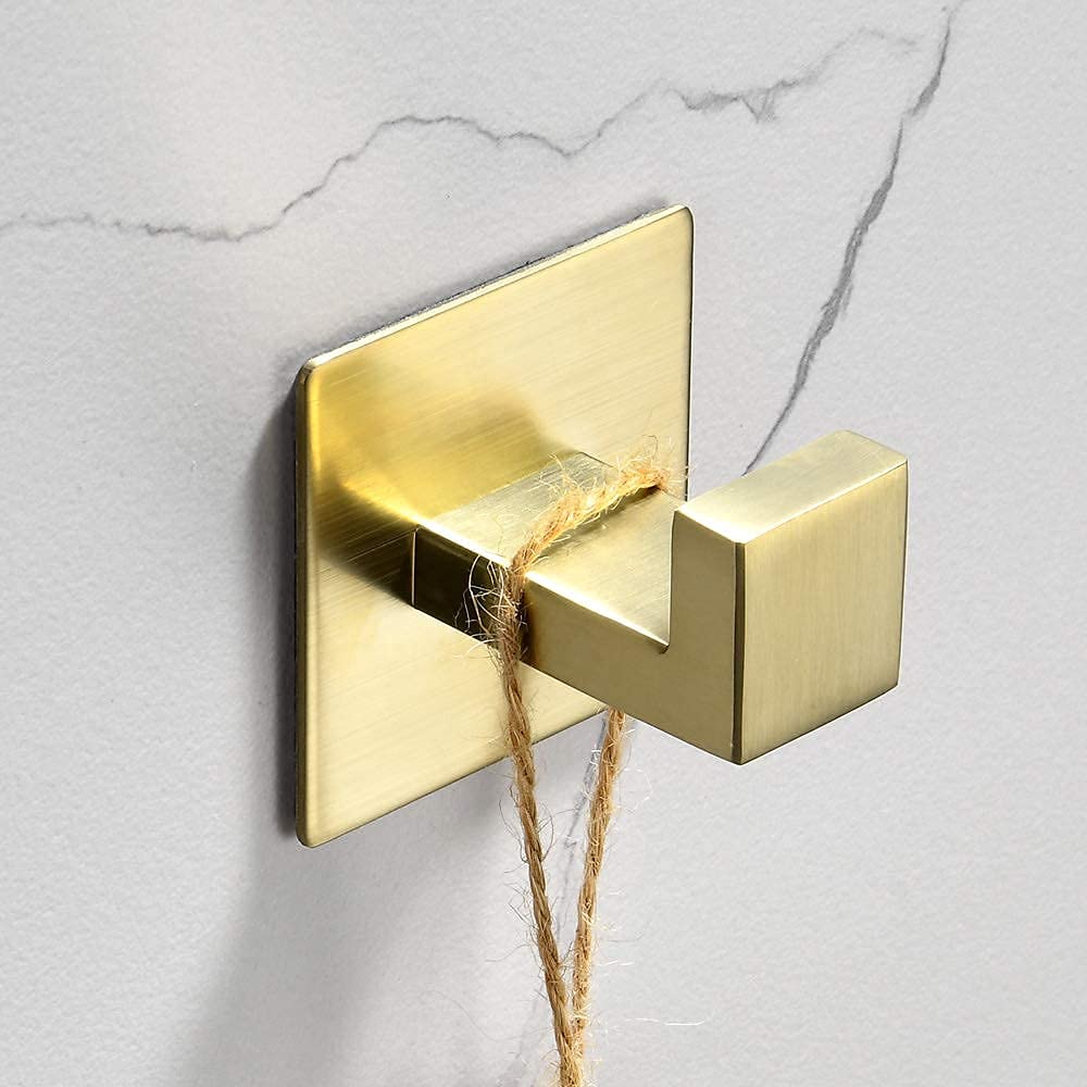 WOLIBEER Self-Adhesive Gold Wall Hooks - No Drill Bathroom & Kitchen Towel Hooks, Door Hooks, Robe Hooks (2 Pack) - Perfect for Hanging Towels, Robes, and Keys in Bathrooms, Kitchens, and Entryways