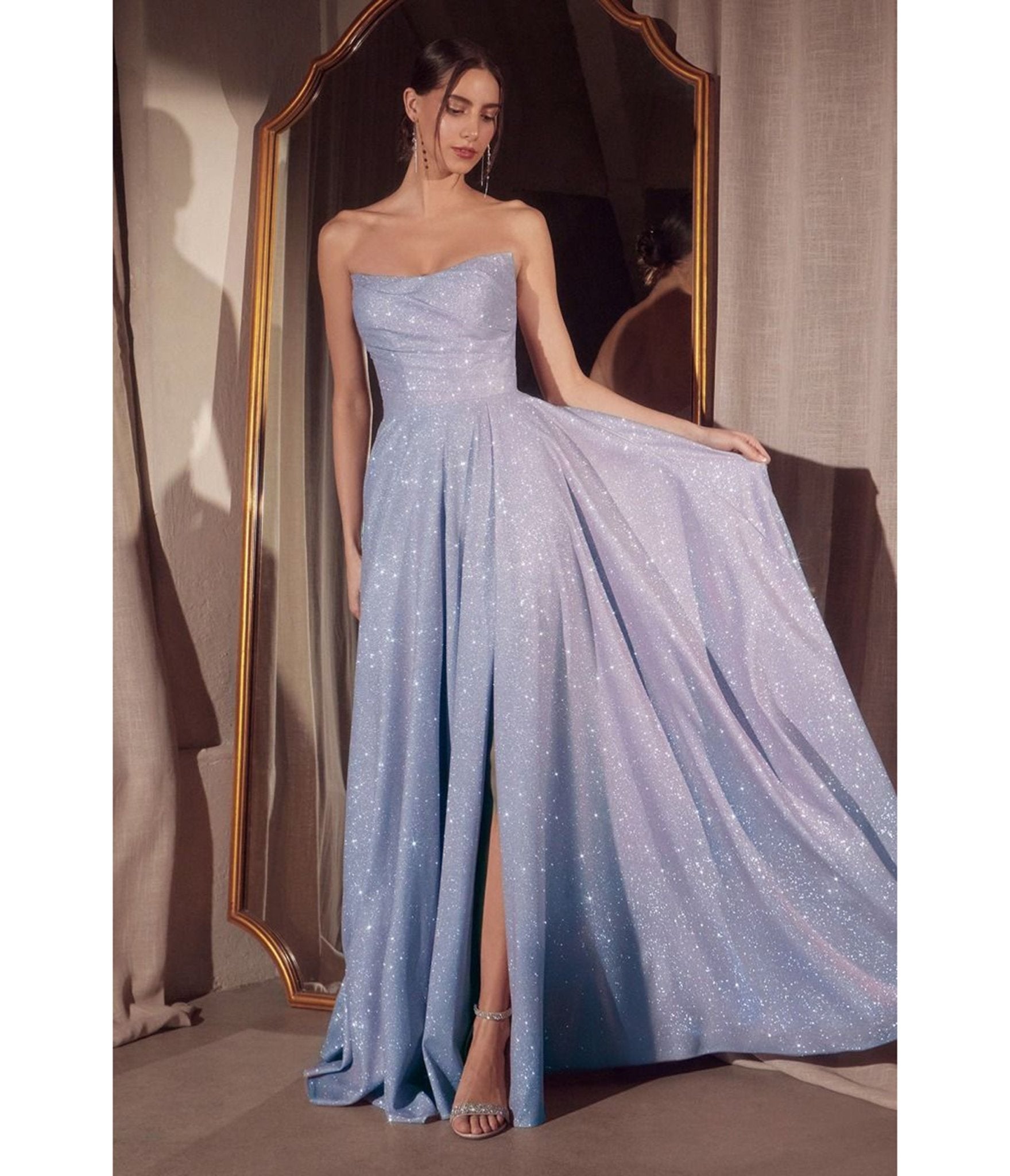 Cinderella Divine Paris Blue Glitter Strapless A-Line Prom Dress with Thigh High Slit - Elegant Evening Gown for Homecoming, Formal Dances & Special Occasions