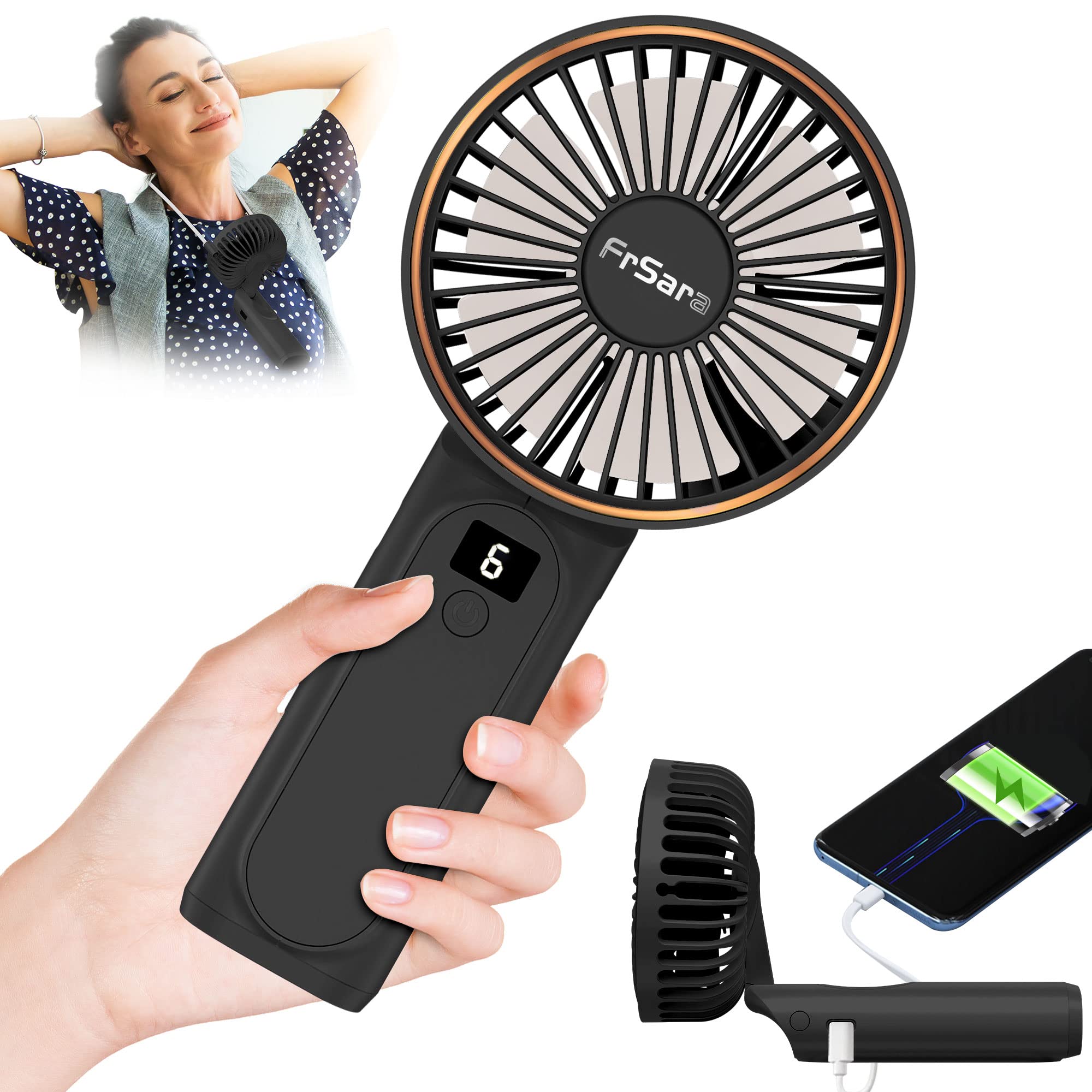 FrSara Portable Handheld Fan & Neck Fan - 4000mAh Rechargeable Battery, 6-Speed Adjustable, Ultra Quiet Mini Desk Fan with USB Phone Charging (Black) - Perfect for Outdoor, Office, Travel & Home Use