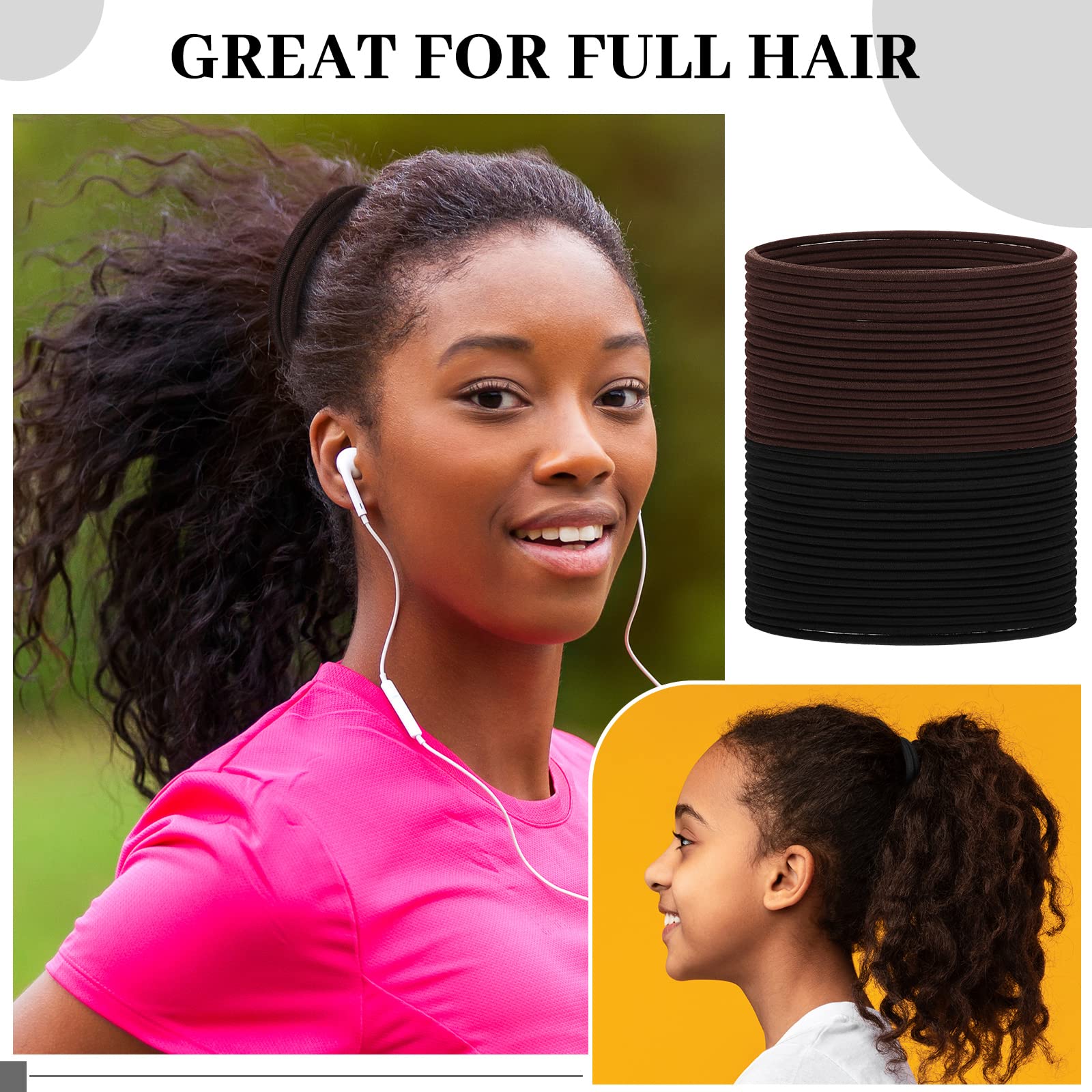 Dingion 80 Count Extra Long Hair Ties for Thick Curly Hair - No Metal Bands Soft Elastic Ponytail Holders for Women (Black, Brown) - Perfect for Workouts, Yoga, and Everyday Styling