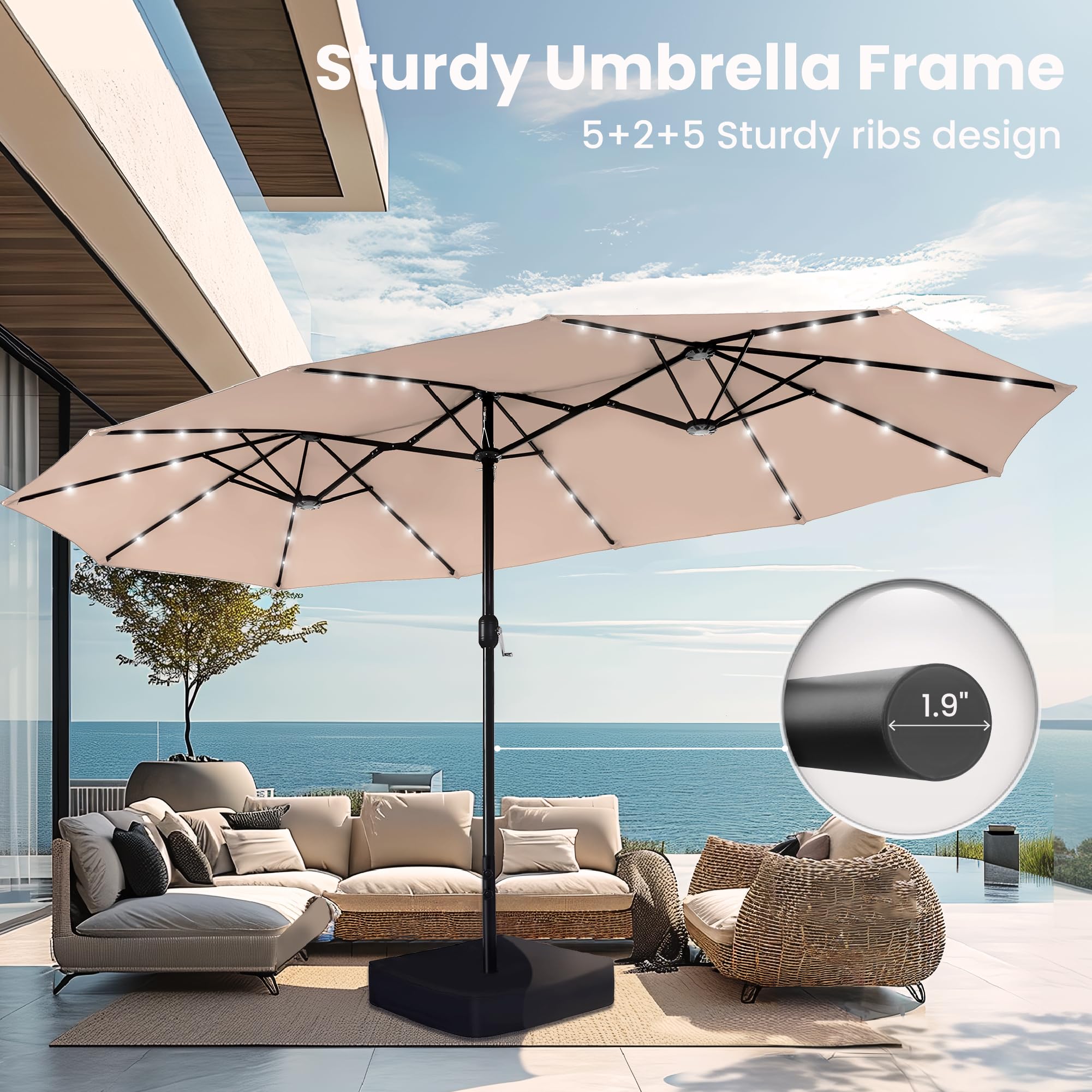 PHI VILLA 15ft Large Outdoor Patio Umbrella with Stand & 36 Solar LED Lights - Double-Sided Rectangle Sun Shade for Poolside, Backyard, Garden, and Deck - Beige Waterproof UV Protection Canopy