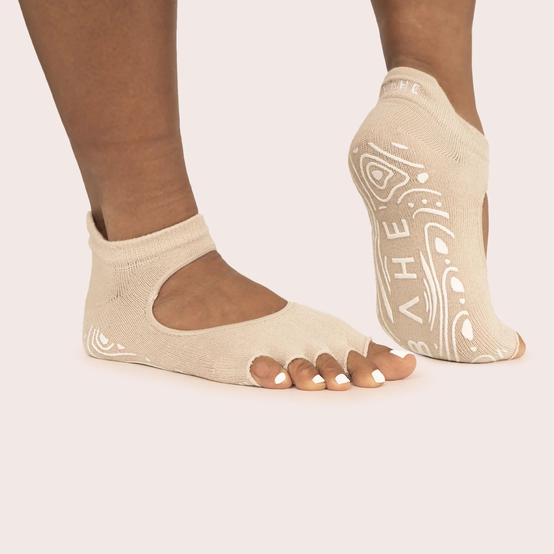 BAHE Non-Slip Open Toe Socks for Women - Breathable Yoga Socks with Grip - Dusty Beige - Perfect for Yoga, Pilates, and Home Workouts