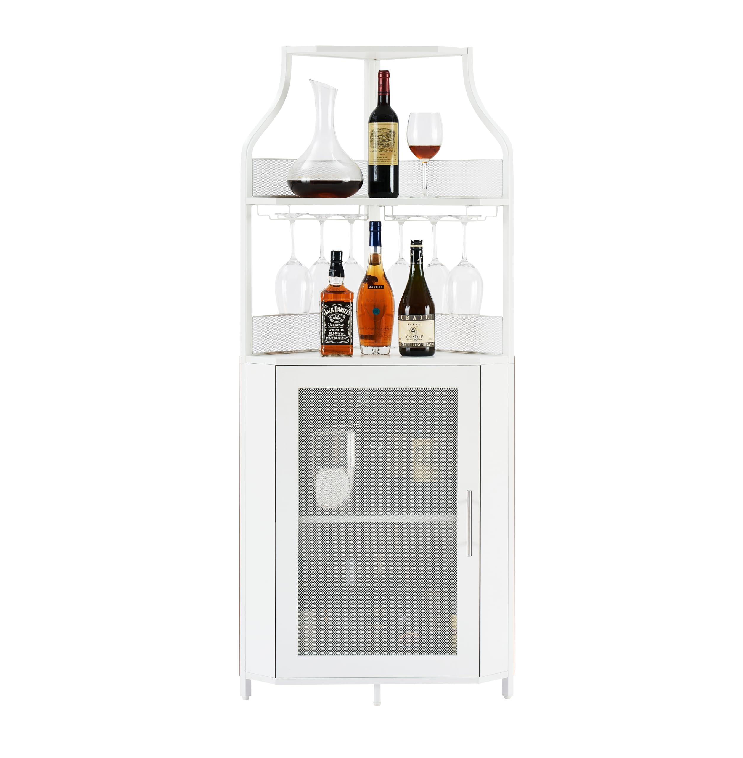 IdealHouse White Corner Bar Cabinet with Large Storage, Detachable Wine Rack & Glass Holder - Mesh Door Wine Cabinet for Dining Room, Living Room & Kitchen | Perfect for Home Entertaining & Space-Saving Storage