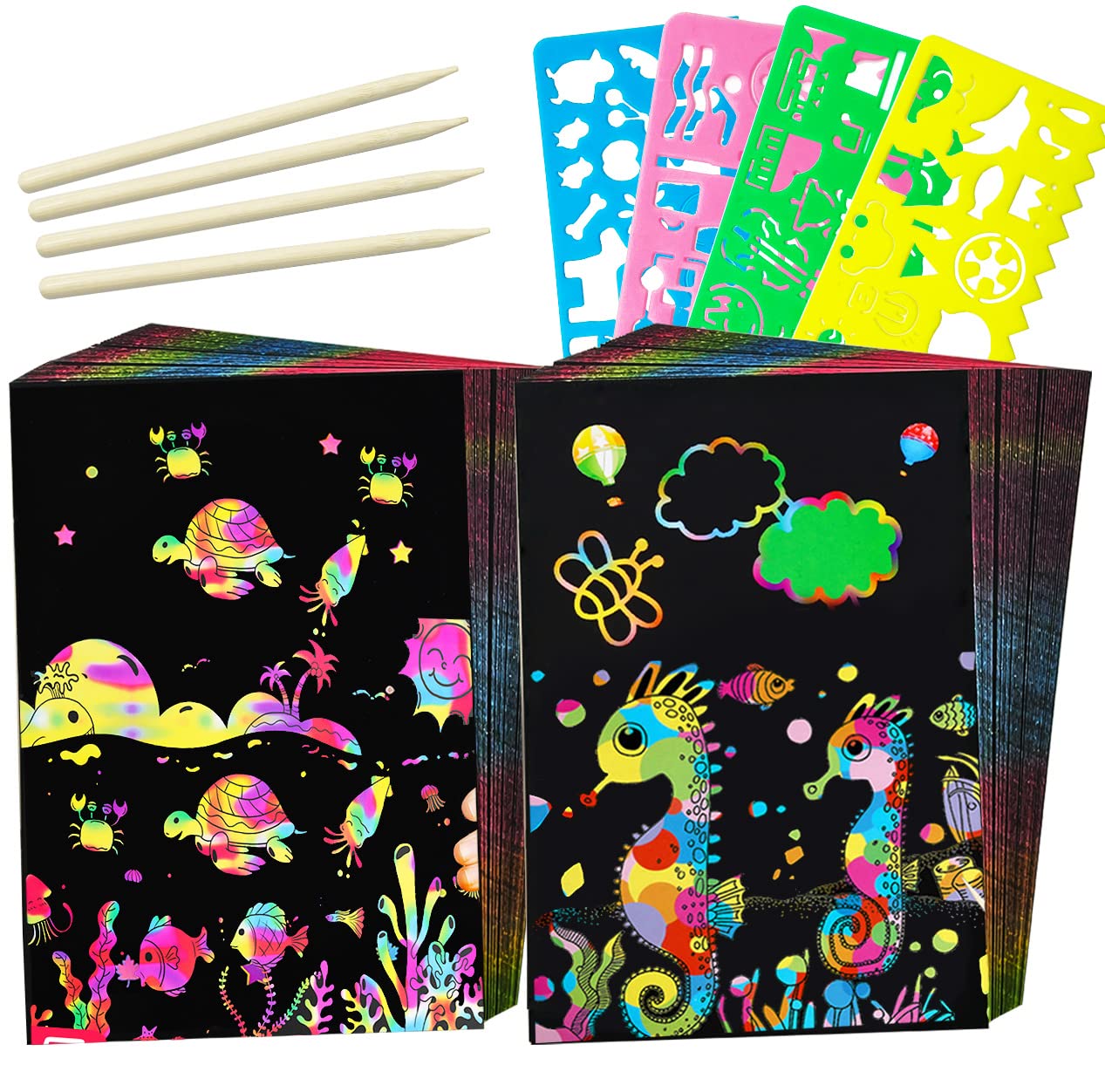 Rainbow Scratch Paper Art Set - 59 PCS Black Drawing Paper Craft Kit with 50 Scratch Papers, 5 Stylus Pens & 4 Stencils - Creative Art Supplies for Kids Birthday Parties, Classroom Activities & Family Fun
