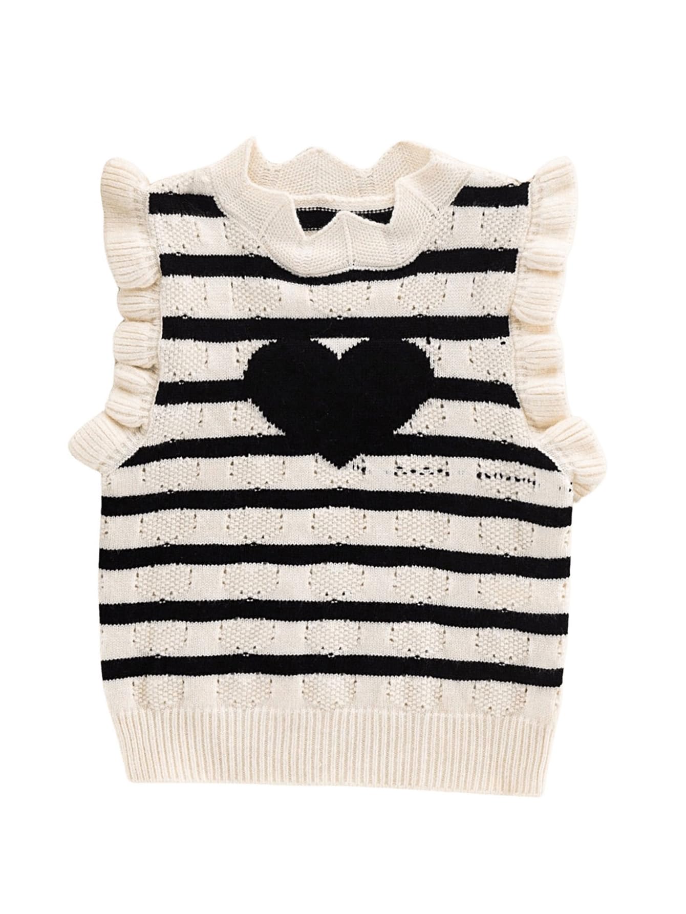 GORGLITTER Girls' Cute Heart Striped Ruffle Trim Sweater Vest - Crew Neck Knitted Tank Top for School, Casual Outfits & Layering Fashion