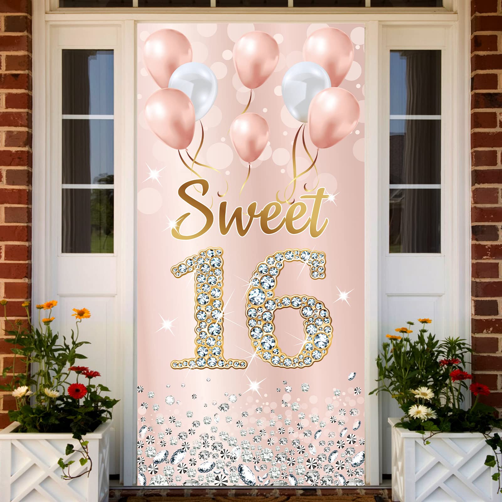 Sweet 16 Birthday Decorations for Girls - Pink Rose Gold Happy 16th Birthday Party Banner & Photo Booth Backdrop - Indoor/Outdoor Door Cover Supplies for Sweet Sixteen Celebrations, Photo Shoots & Birthday Parties