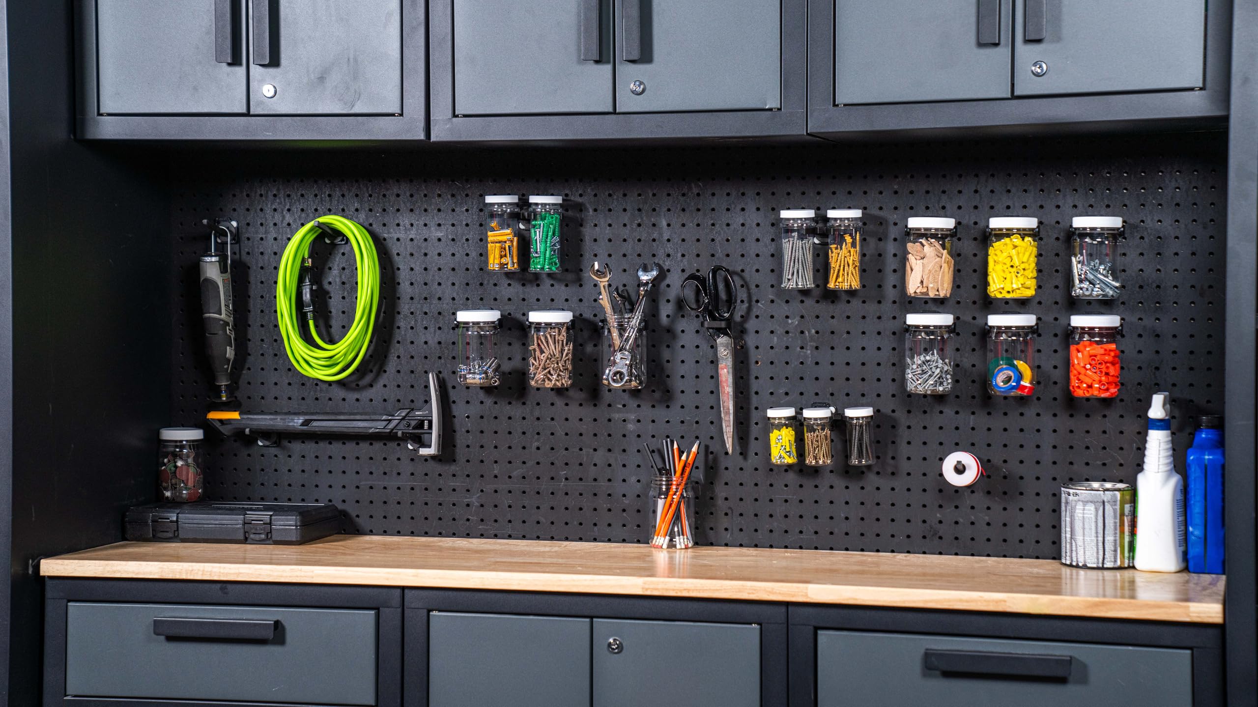 18-Piece Storage and Organization Kit - Quick Install Wall-Mounted Hooks, Tool Holders & 16oz/8oz/4oz Jars - Perfect for Garage, Kitchen, Bathroom & Workshop Organization