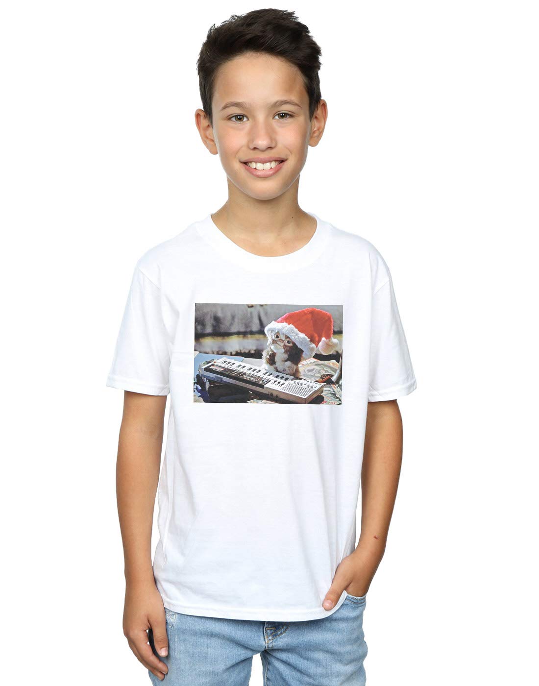 ABSOLUTECULT Gremlins Boys Mogwai Christmas Graphic T-Shirt - White Cotton Tee for Kids Age 7-8 | Holiday Party Outfit, Christmas Gift, Movie Theme Costume
