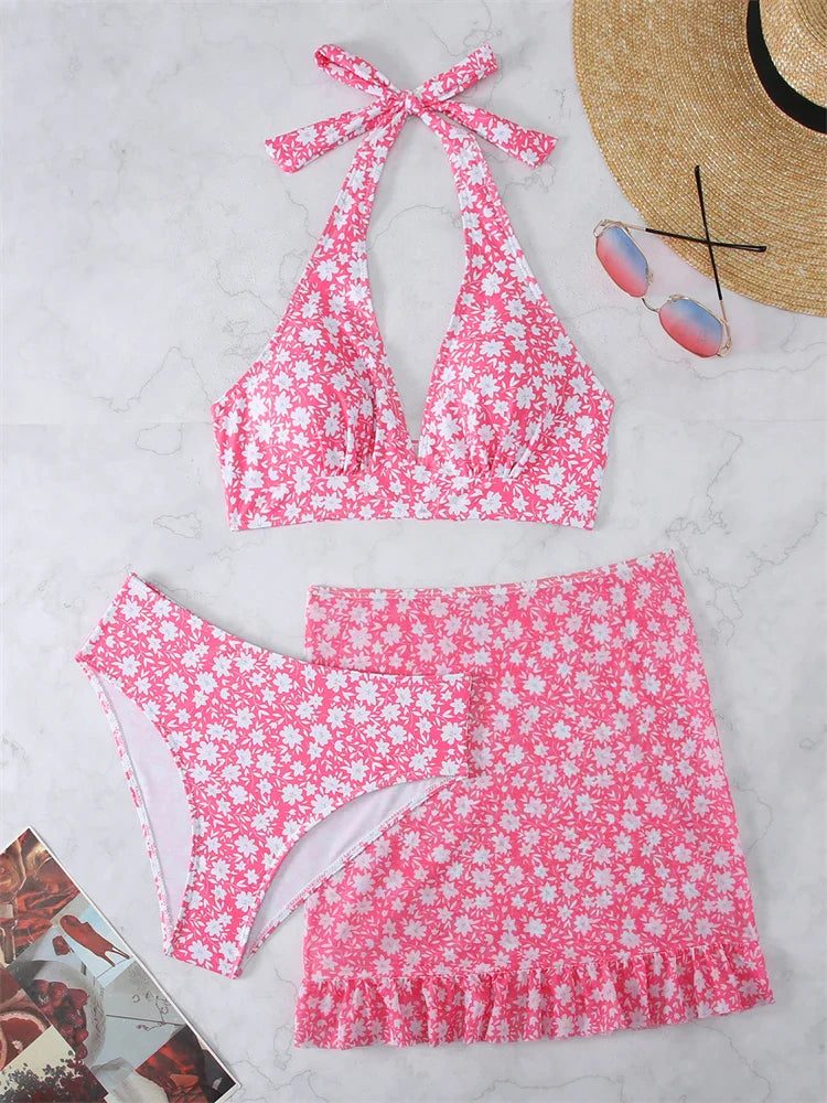 Sexy Women's 3 Piece Bikini Set - Halter V Neck High Waist Swimwear with New Print for Summer Beach Vacation | Perfect for Pool Party, Tropical Getaway and Water Sports