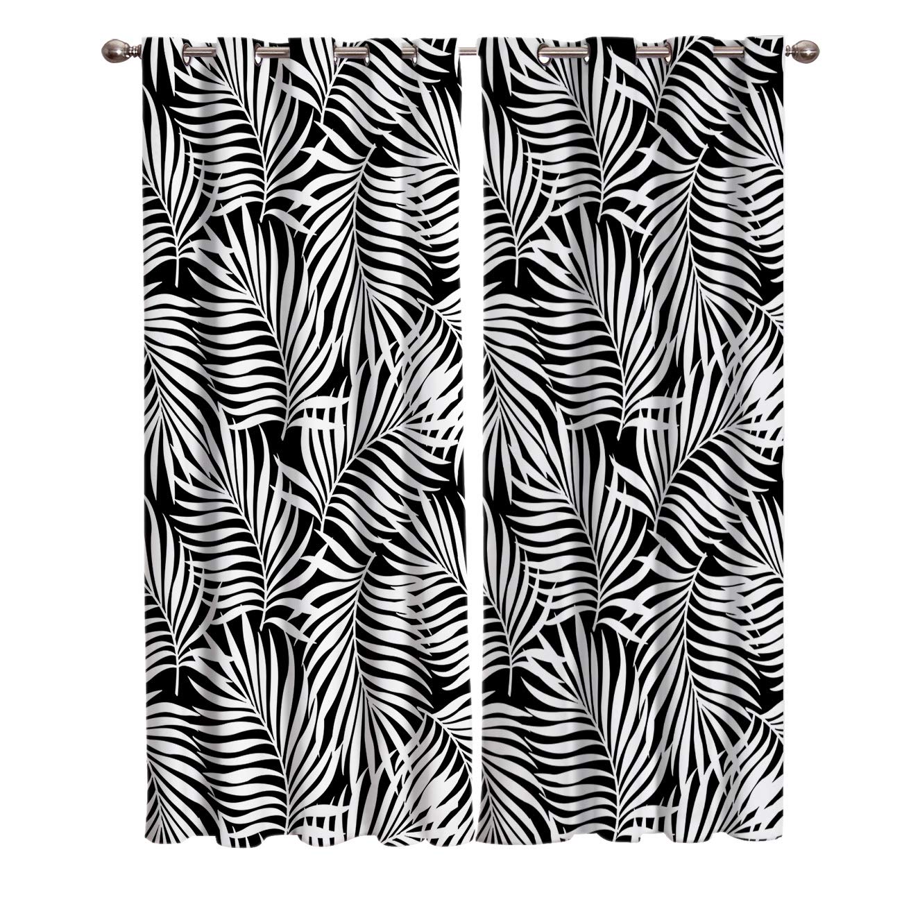 T&H Home Artistic Blackout Curtains - Silver Grommet Black & White Coconut Palm Leaf Pattern Fabric, 2 Panels Set (104