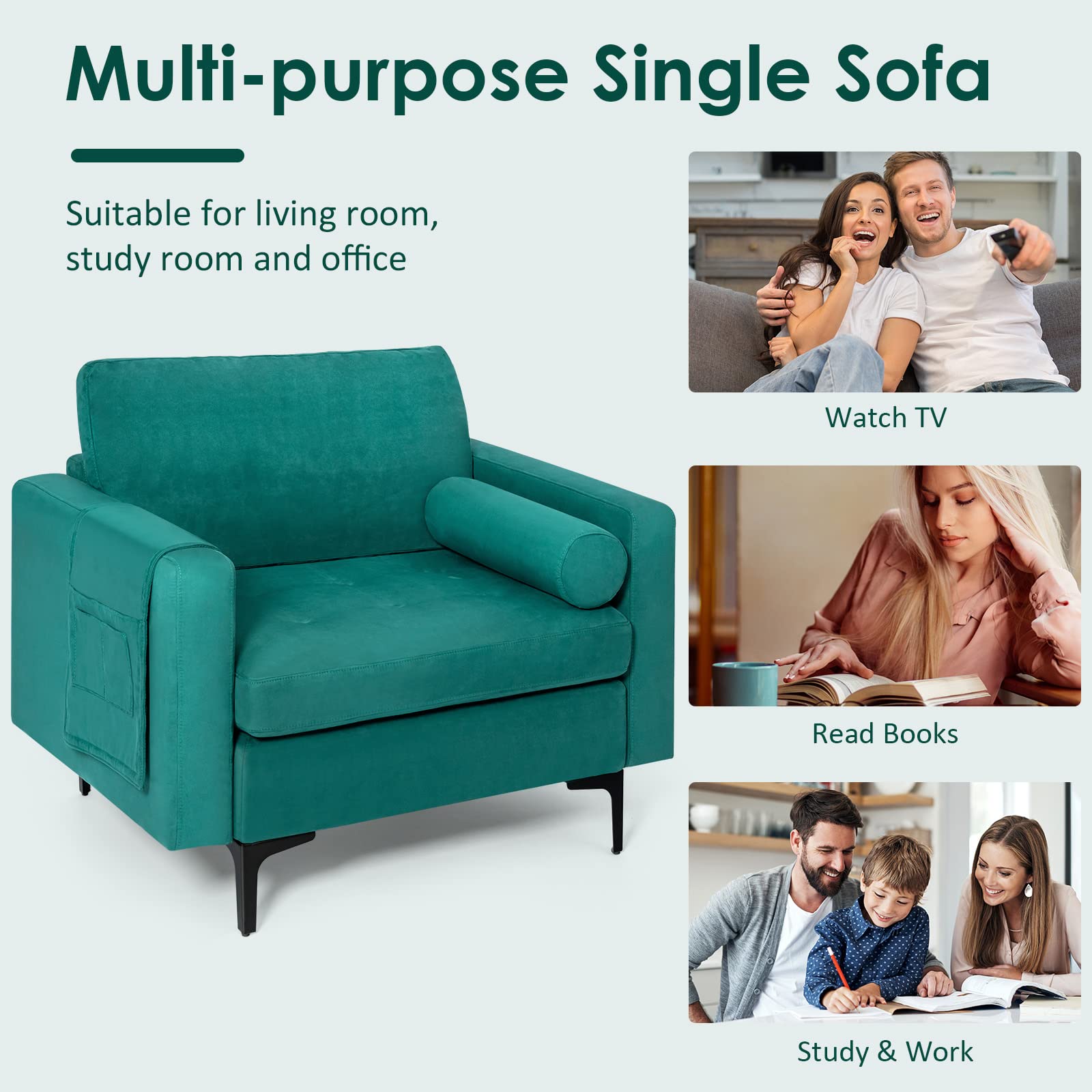 Giantex Set of 2 Single Sofa Chairs with Cushion & Bolster, Upholstered Armchairs with Magazine Pockets - Blue Accent Chairs for Living Room, Bedroom & Reception Area | Perfect for Relaxing, Reading & Small Space Decor