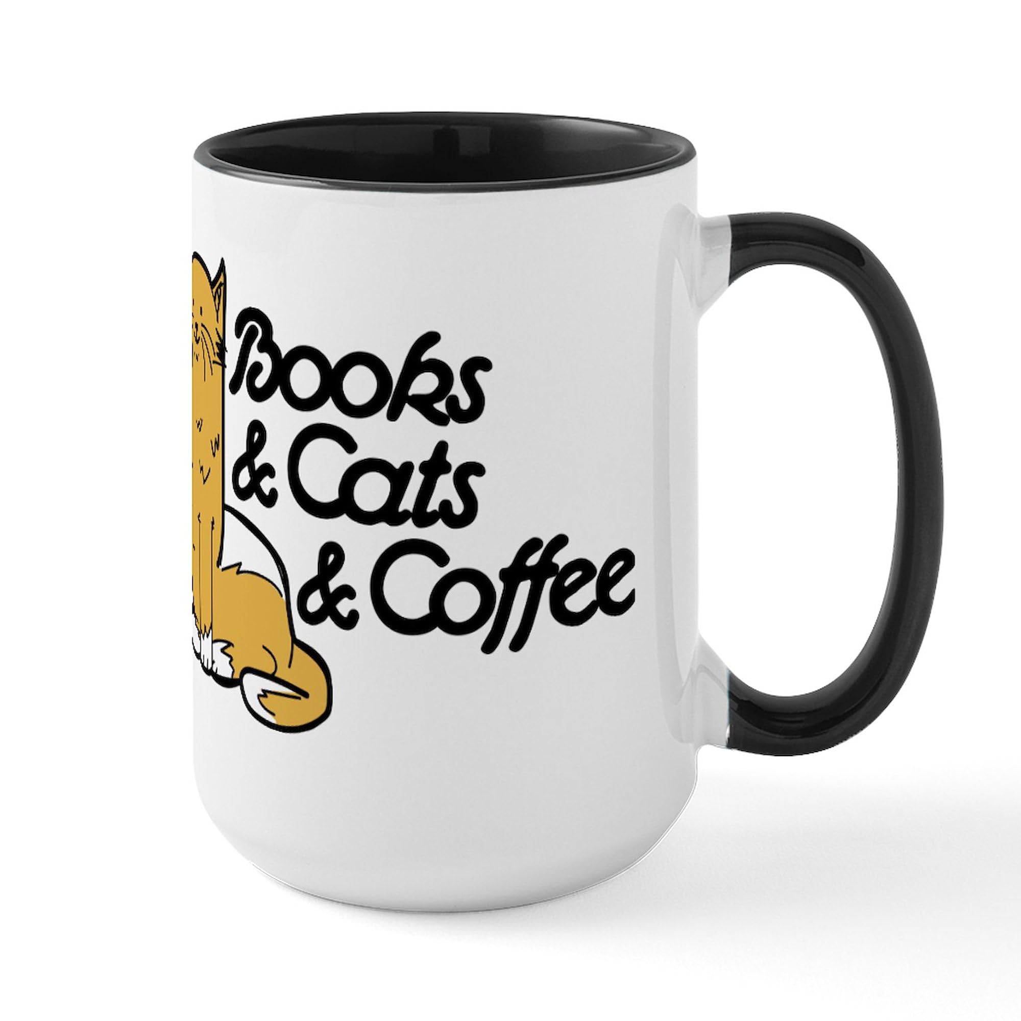 Books & Cats & Coffee Large 15 oz (444 ml) Ceramic Coffee Mug - Perfect for Book Lovers, Cat Enthusiasts & Coffee Drinkers at Home or Office