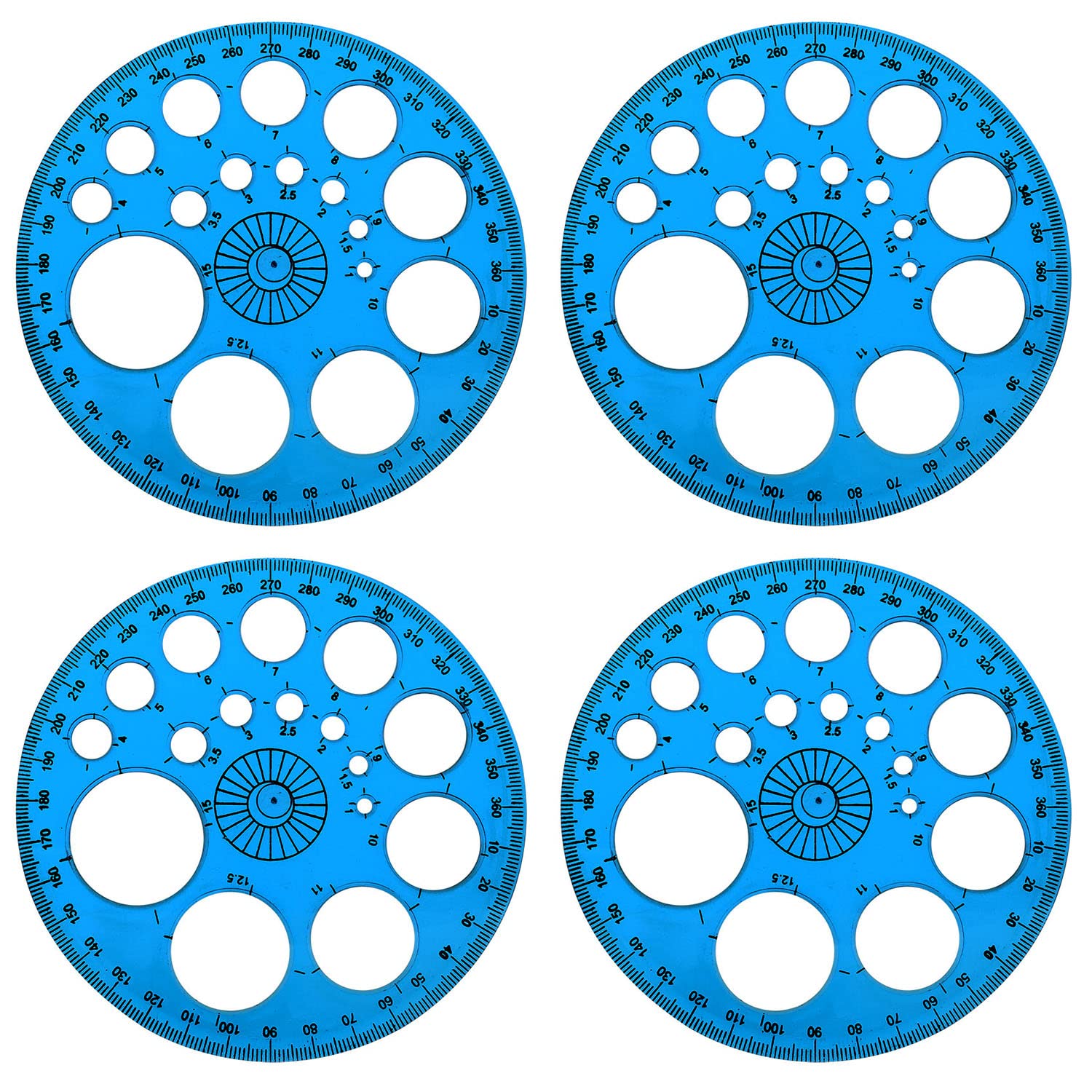 4-Piece 360 Degree Protractor and Circle Maker Set - Transparent Dark Blue Drafting Tools for Office, School & Engineering | Perfect for Geometry, Technical Drawing & DIY Projects