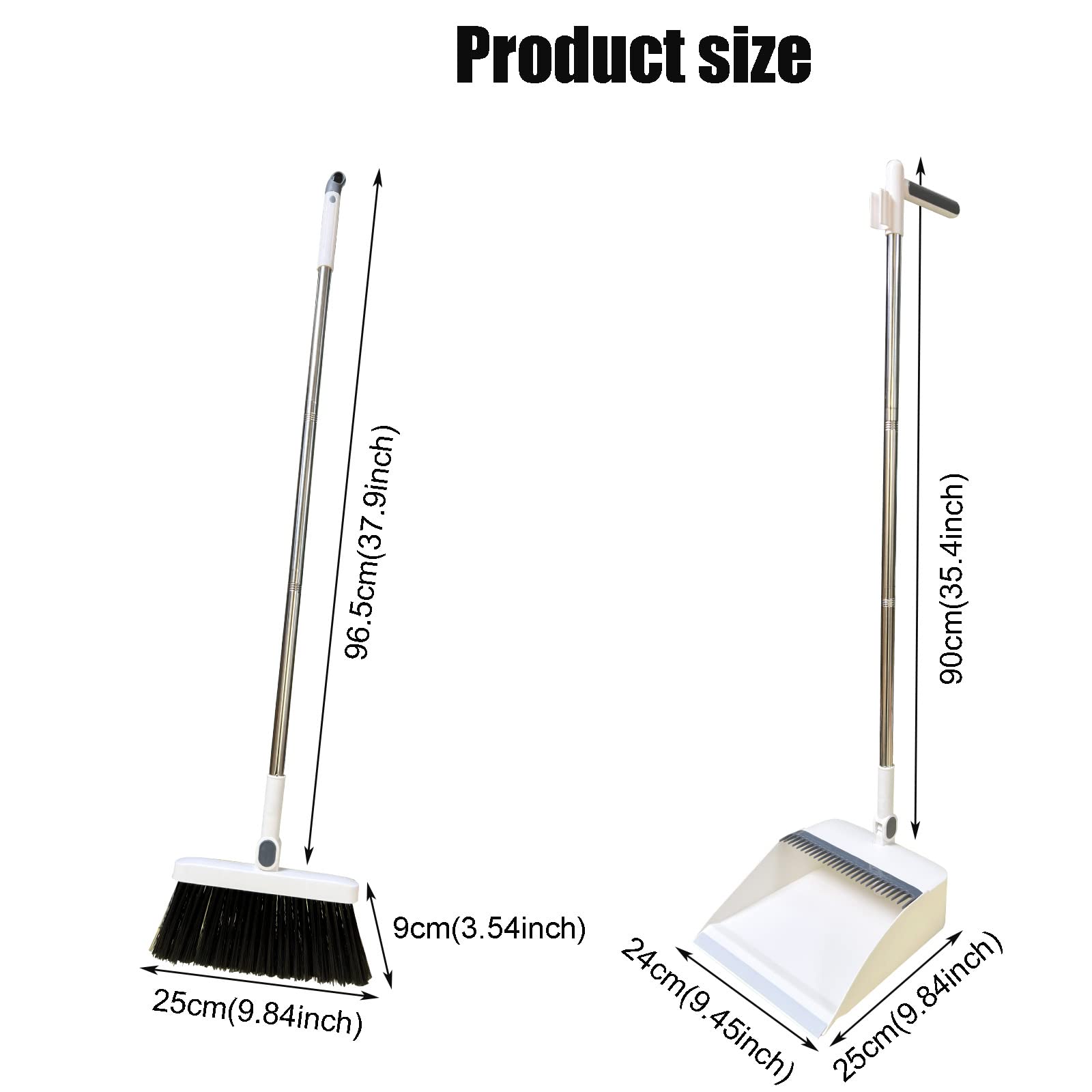 JCXIOAHB Long Handle Dustpan and Broom Set with Comb Teeth - Windproof Design for Indoor, Outdoor, Garden, Kitchen & Office Cleaning - White - Perfect for Hardwood Floors, Tile, Patio & Pet Hair Removal