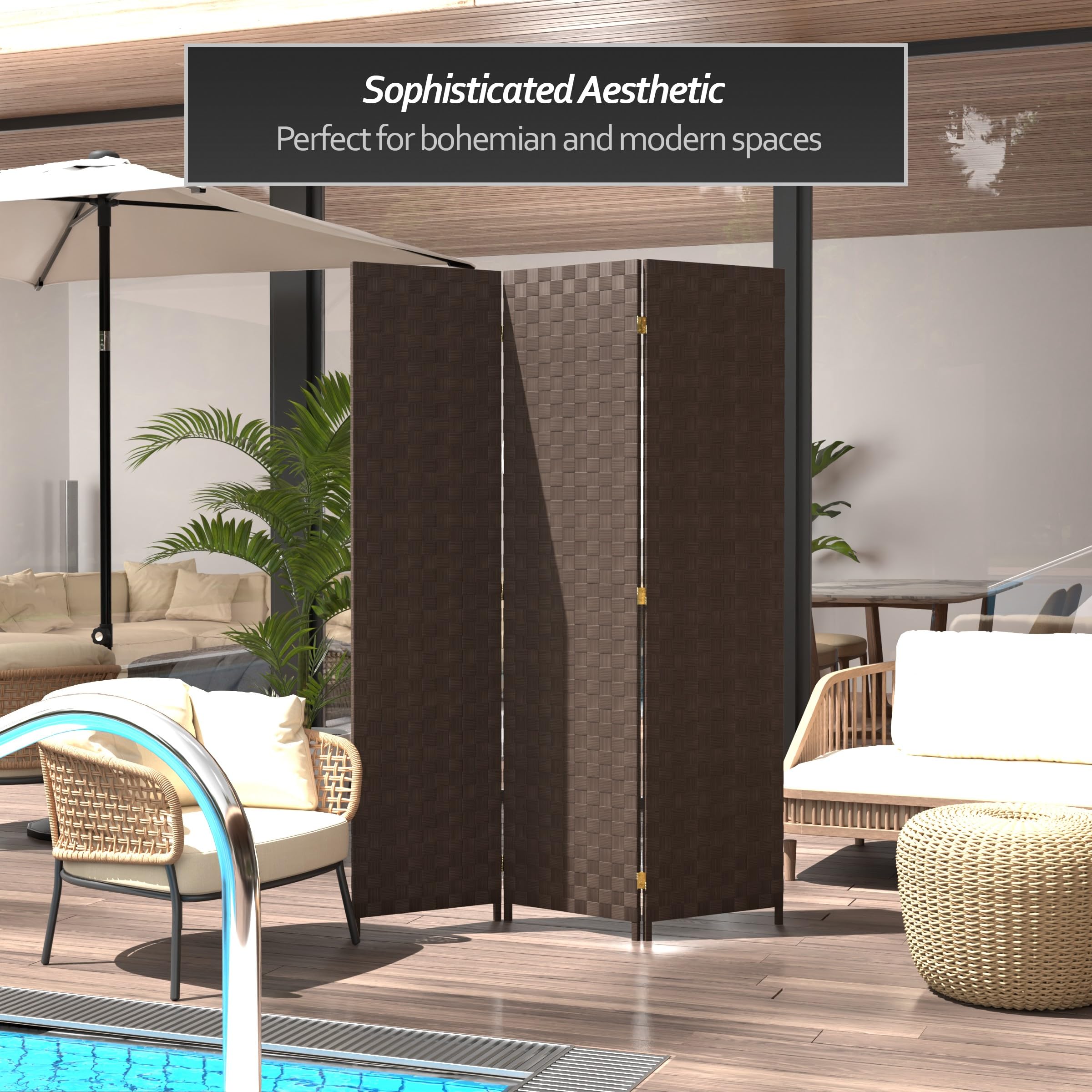 6 ft. Tall Dark Brown Woven Fiber Outdoor Room Divider - All Weather 3 Panel Red Lantern Design for Patio, Garden, and Backyard Privacy