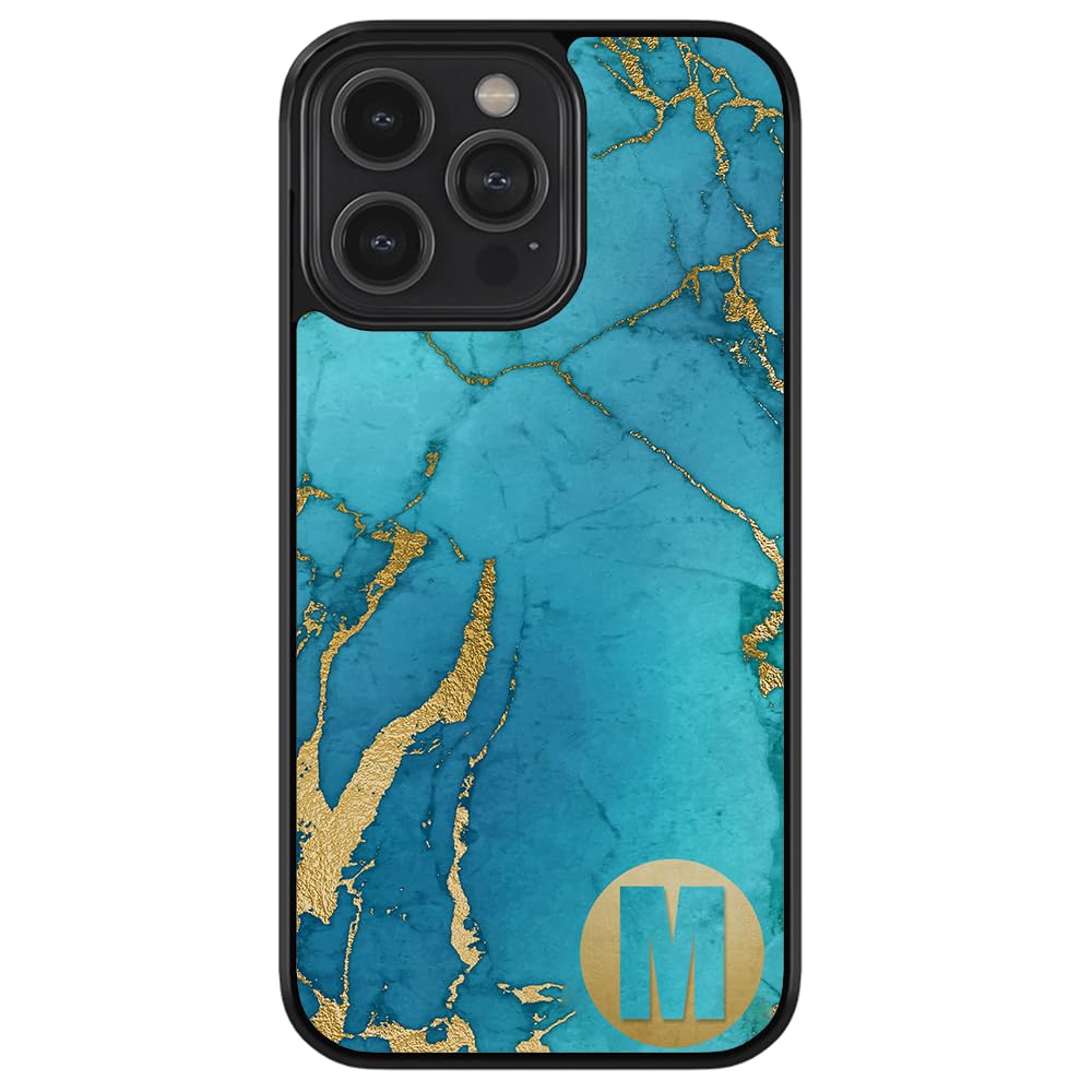 Personalized Teal Blue Green Gold Marble Initial Black Rubber Phone Case for Apple iPhone 16/15/14/13/12 Pro Max Plus & 11/X/8/7 Plus - Durable Protection with Stylish Design for Everyday Use, Work & Travel