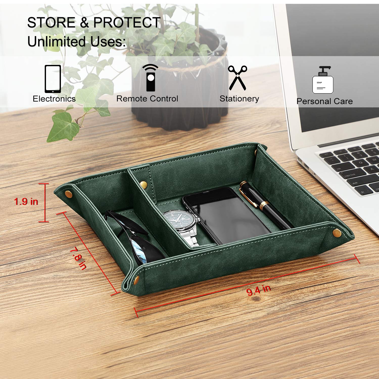 SITHON Valet Tray - 2 Compartment Desktop Organizer with Removable Dividers | Nightstand Catchall Tray for Jewelry, Keys & Essentials | Dark Green Storage Plate for Bedroom, Office & Vanity