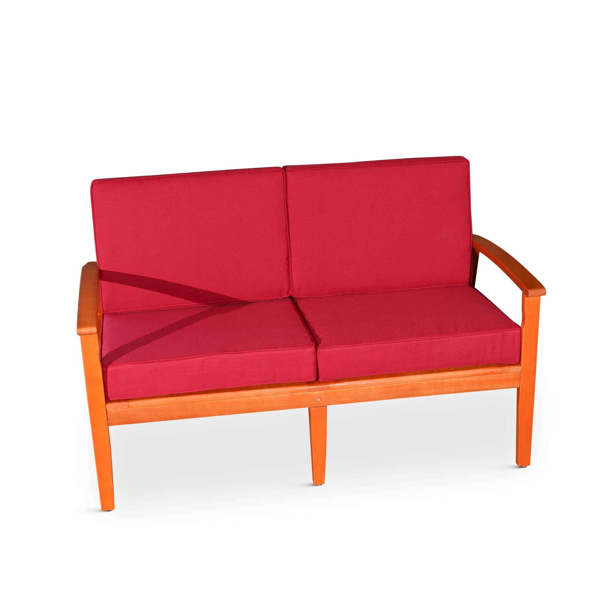 DTY Outdoor Living Longs Peak Eucalyptus Wood Loveseat with Weather-Resistant Cushions - Natural Oil Finish, Burgundy Cushion Set for Patio, Garden & Backyard Relaxation