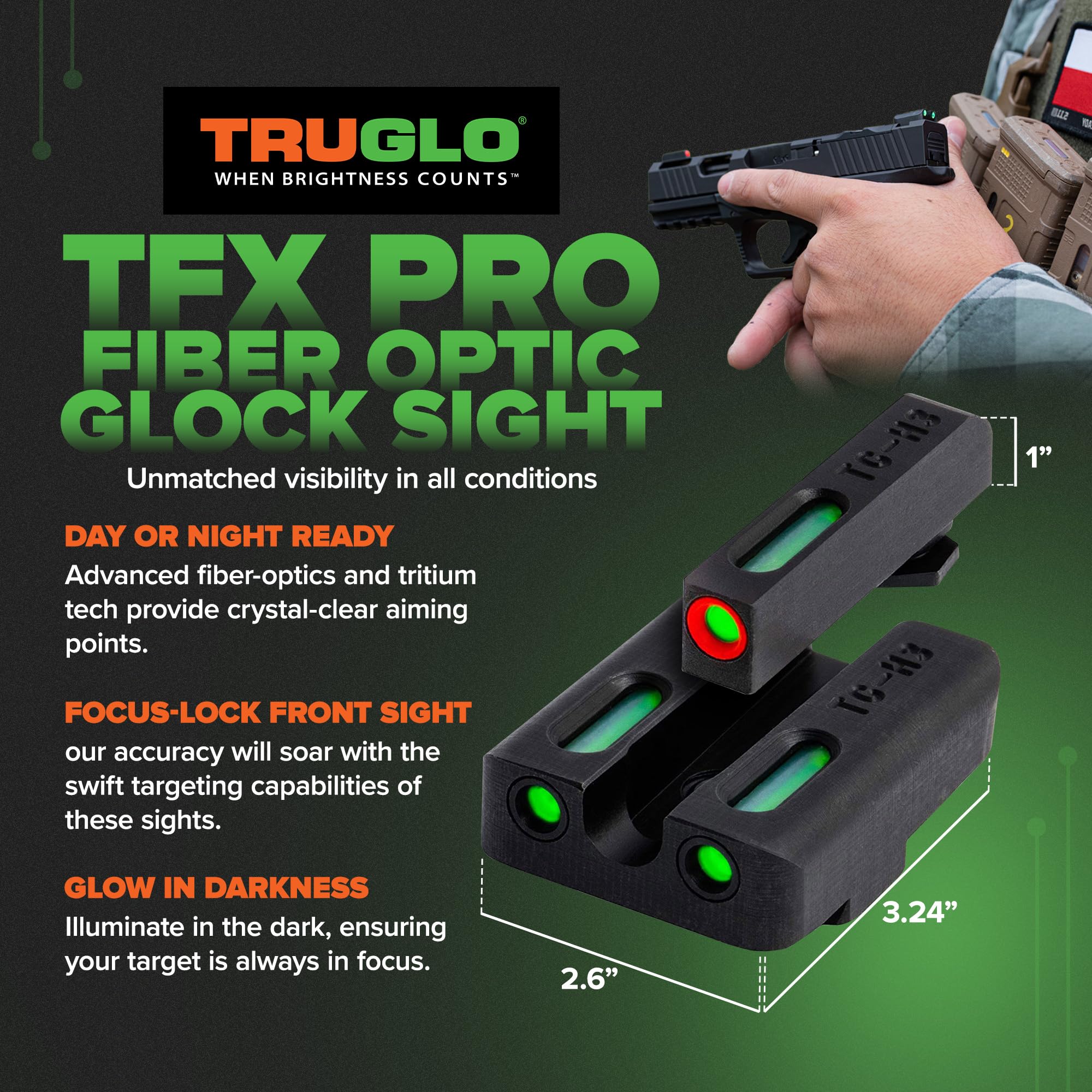 Truglo TFX PRO Handgun Sight - Glow in Dark Tritium & Fiber Optic Night Sights for Pistols | Compact, Durable, Snag-Free Design | Perfect for Home Defense, Tactical Training & Low Light Shooting
