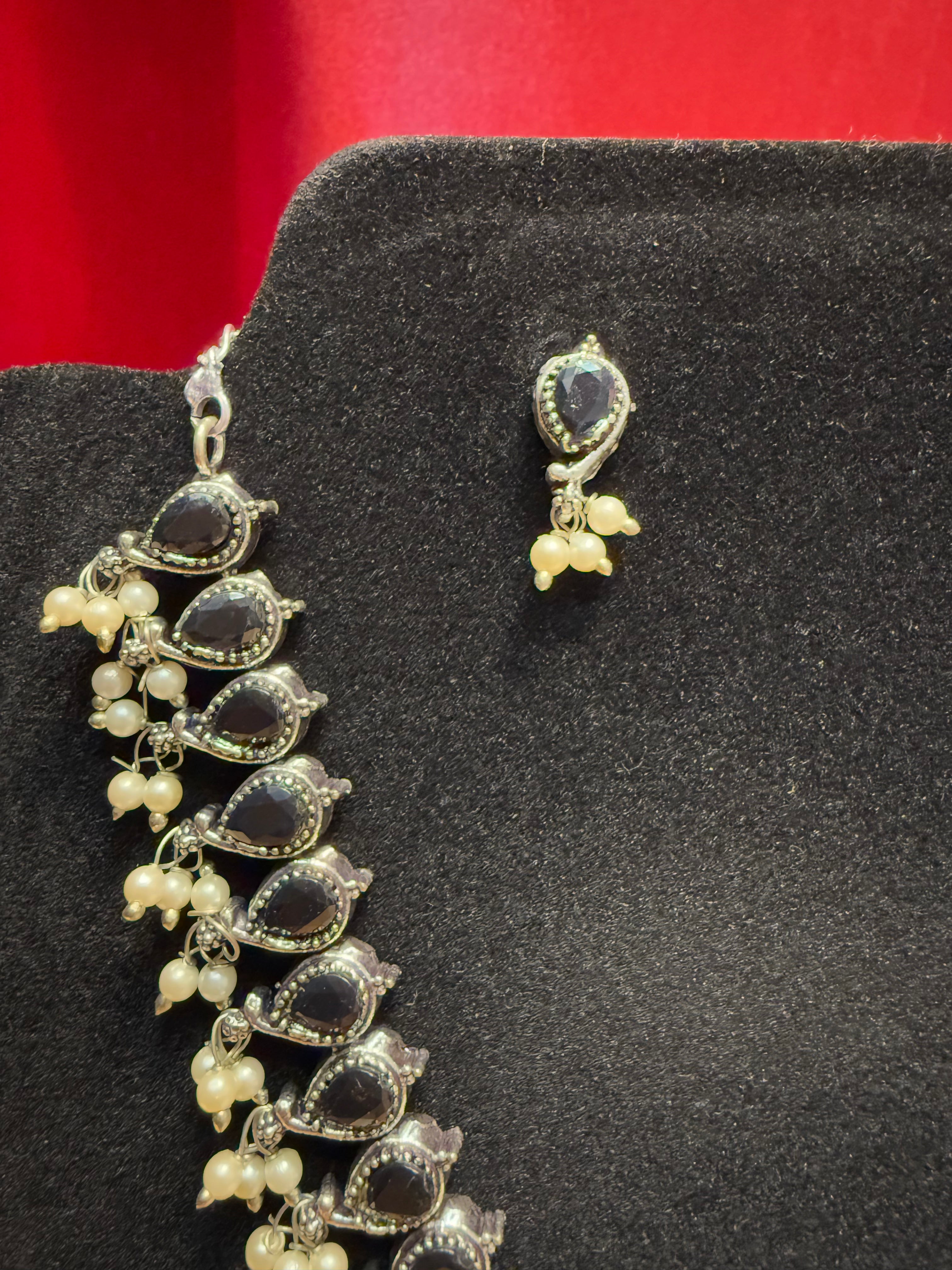 Elegant Black Oxidized Necklace and Earrings Set with White Beads - Perfect for Weddings, Parties & Special Occasions