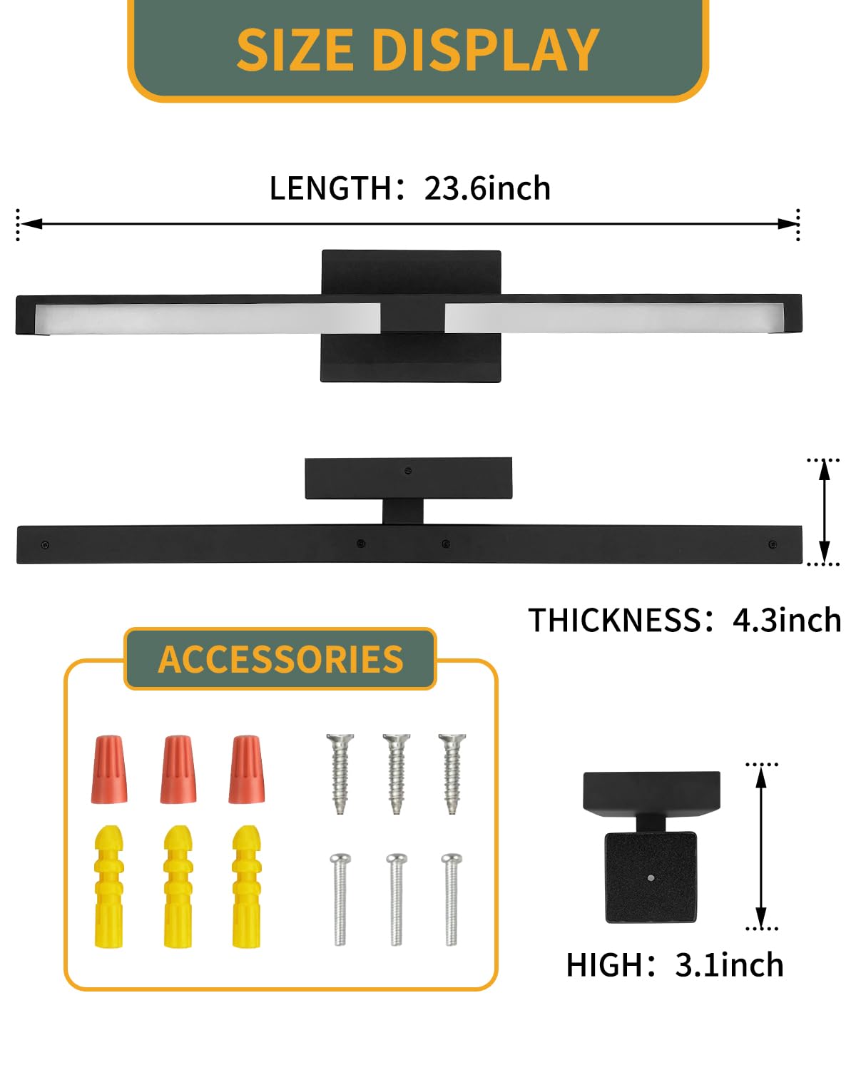 OKELI 24 Inch LED Bathroom Vanity Light Fixture - 16W 6000K Dimmable Black Modern Mirror Lighting - Cool White for Bathroom, Powder Room & Dressing Area - Indoor Use Over Mirror or Vanity