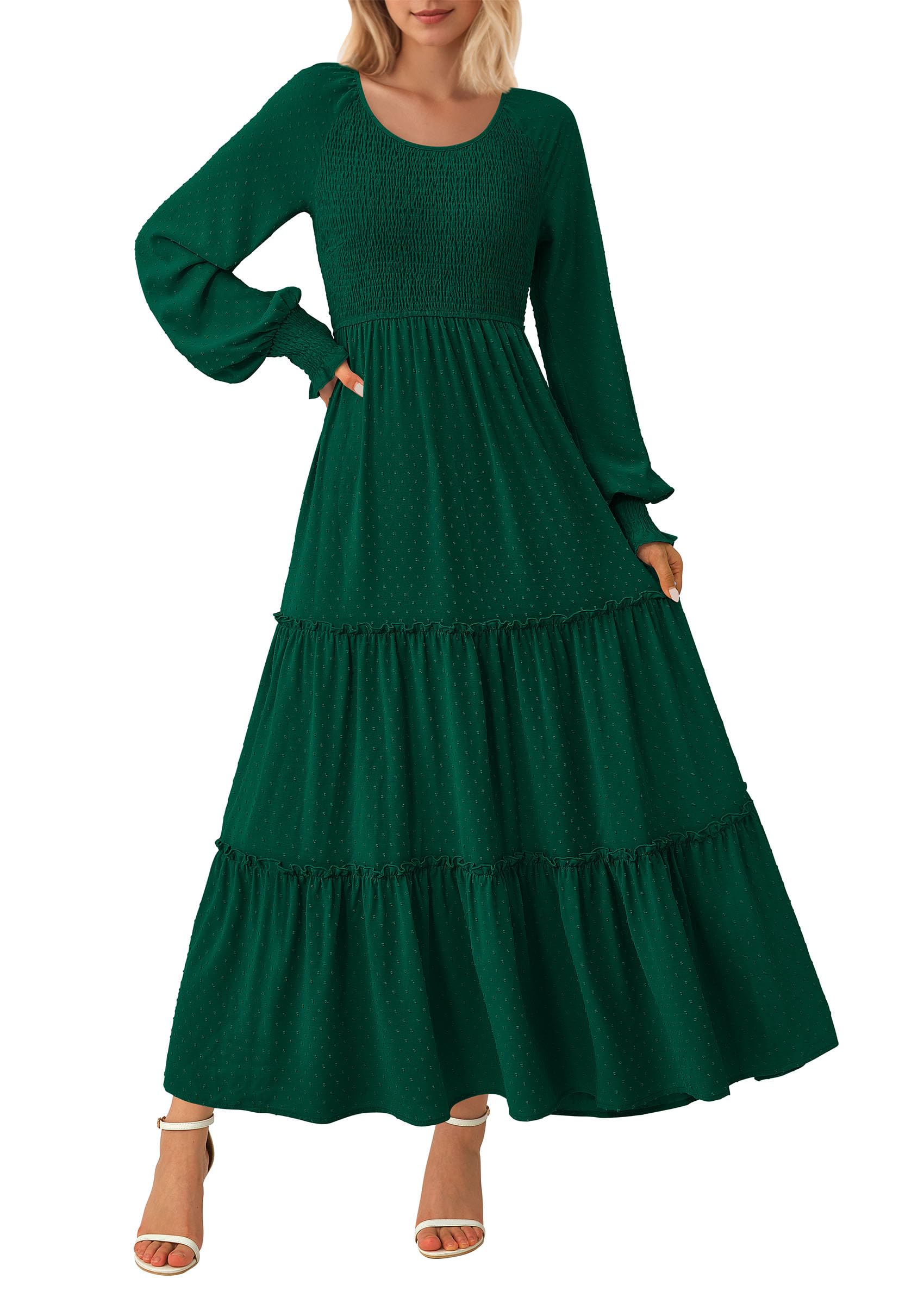 PRETTYGARDEN Women's Flowy Smocked Maxi Dress with Pockets - Long Sleeve Swiss Dot Ruffle Dress for Spring Casual Wear, Date Night & Outdoor Events