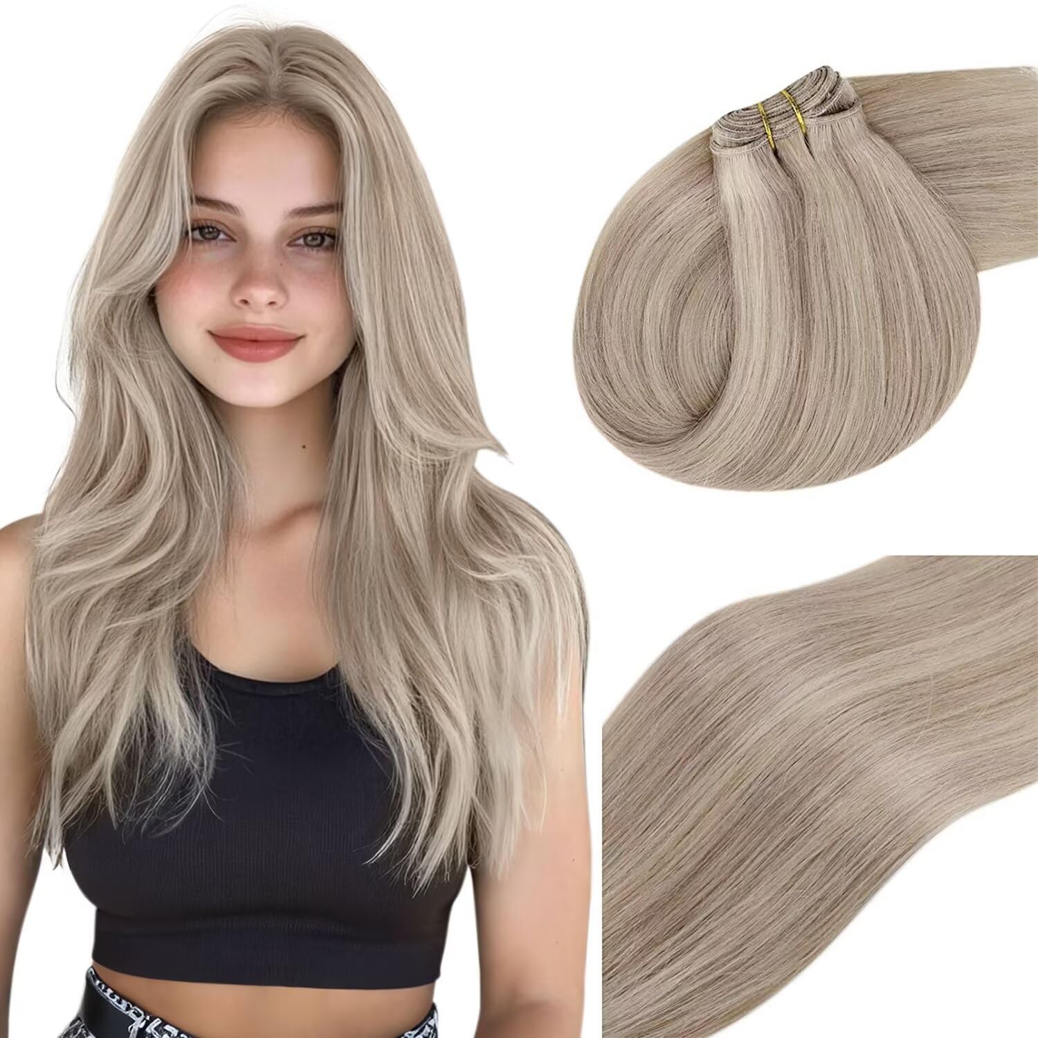 24 Inch Vivien Sew-In Human Hair Extensions - Blonde & Golden Blonde Double Weft 100G Real Human Hair for Thick Full Head - Perfect for Parties, Weddings & Daily Styling