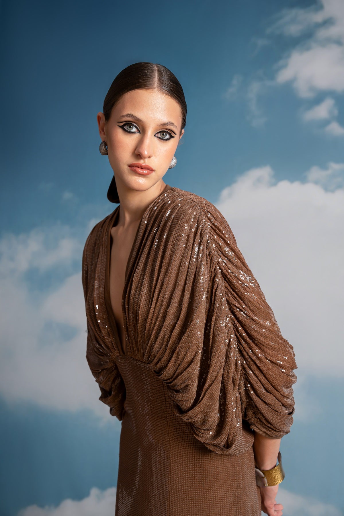 Luxury Beige Sequin Kimono Dress for Women - Elegant Evening Gown & Party Wear for Weddings, Galas, and Special Occasions