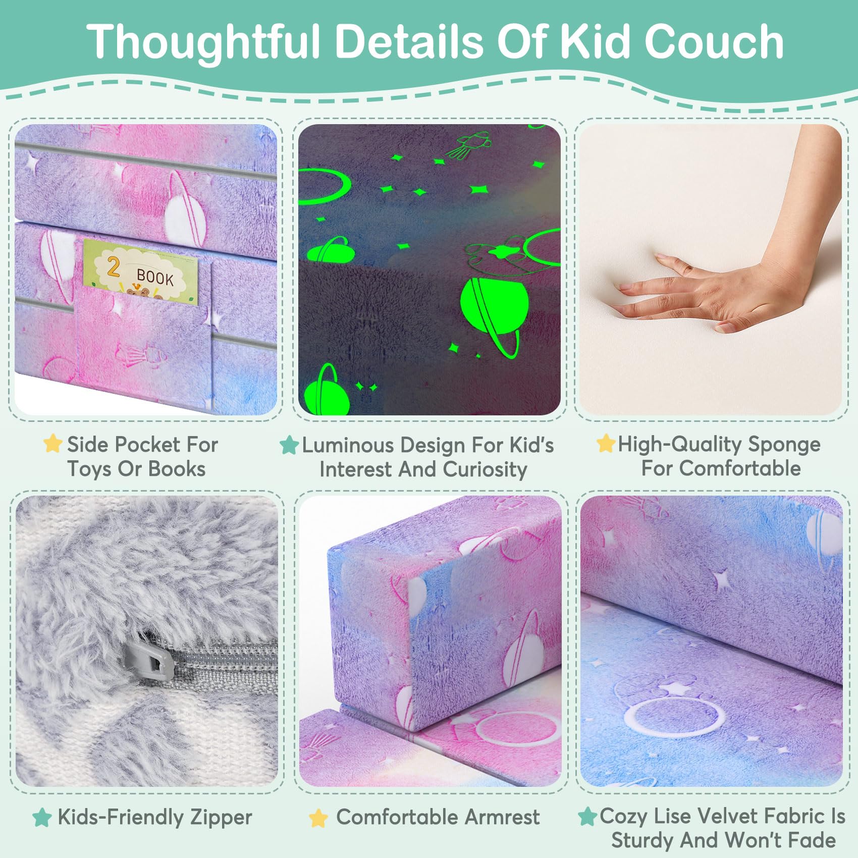 BIERUM Kids Couch - 6PCS Modular Play Sofa with Glow Effects & Blanket, Convertible Toddler Couch for Girls Boys - Perfect for Playroom, Nursery, Indoor Play & Family Movie Nights