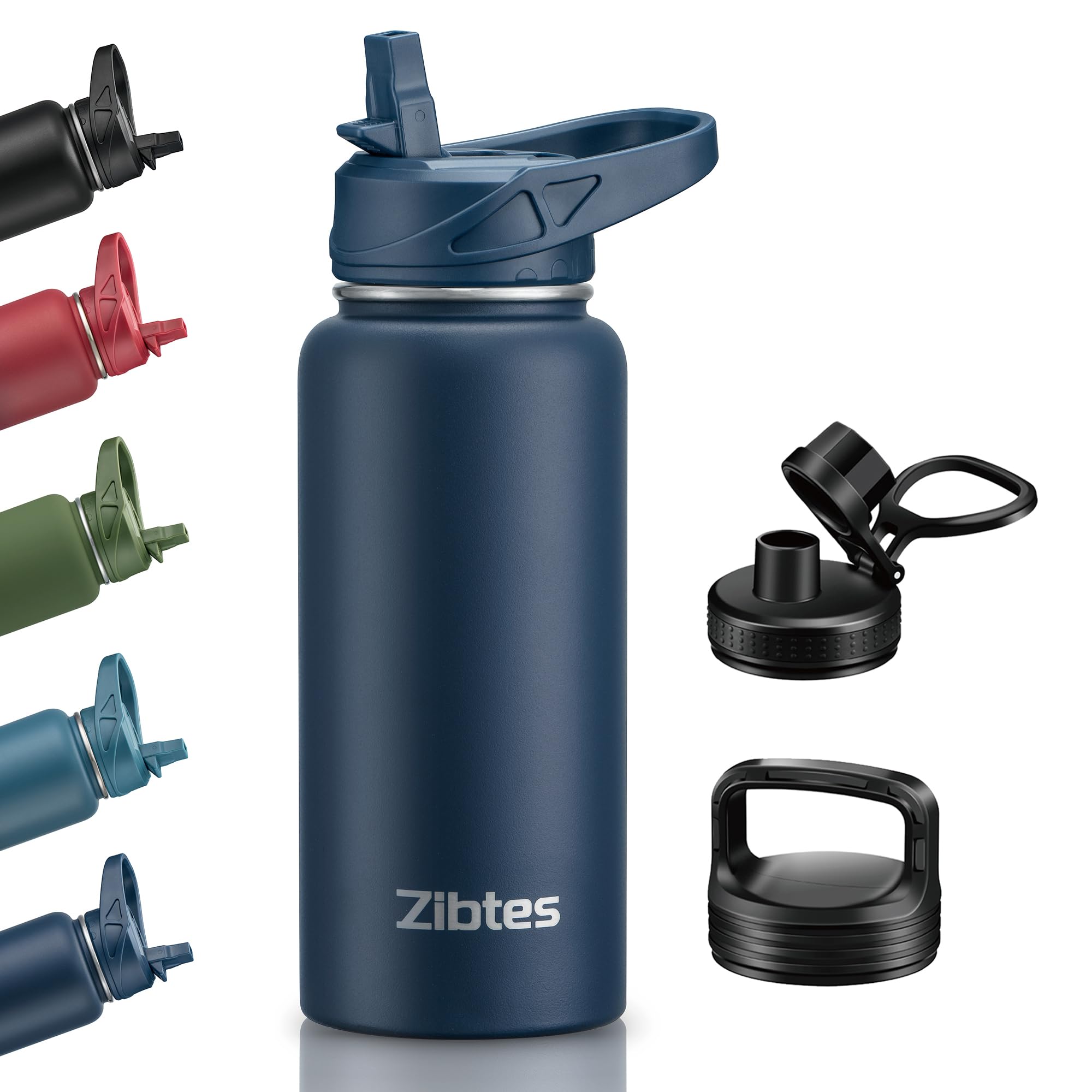 Zibtes 32 oz Insulated Stainless Steel Water Bottle with Straw - 3 Lids (Flip, Spout, Handle) - Leak Proof, Double Walled Vacuum Metal Sports Flask for Gym, Hiking & Travel (Navy Blue)