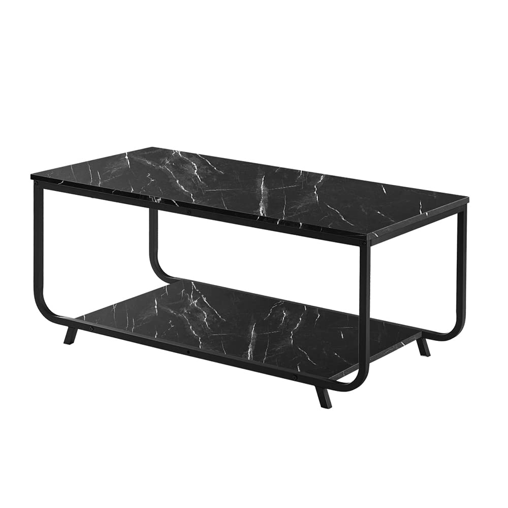2-Tier Modern Coffee Table with Metal Frame & Marble Print Surface - End Table, Side Table, Sofa Table with Storage Shelf for Living Room, Bedroom, Home Office - Perfect for Snacks, Books & Decor