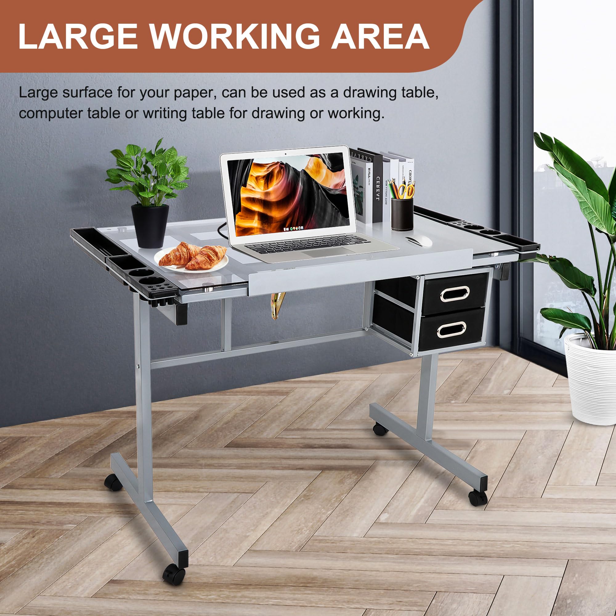 Adjustable Height Glass Top Rolling Drafting Table - Art & Craft Workstation with Drawers & Wheels for Home Office, Studio, and Creative Workspaces