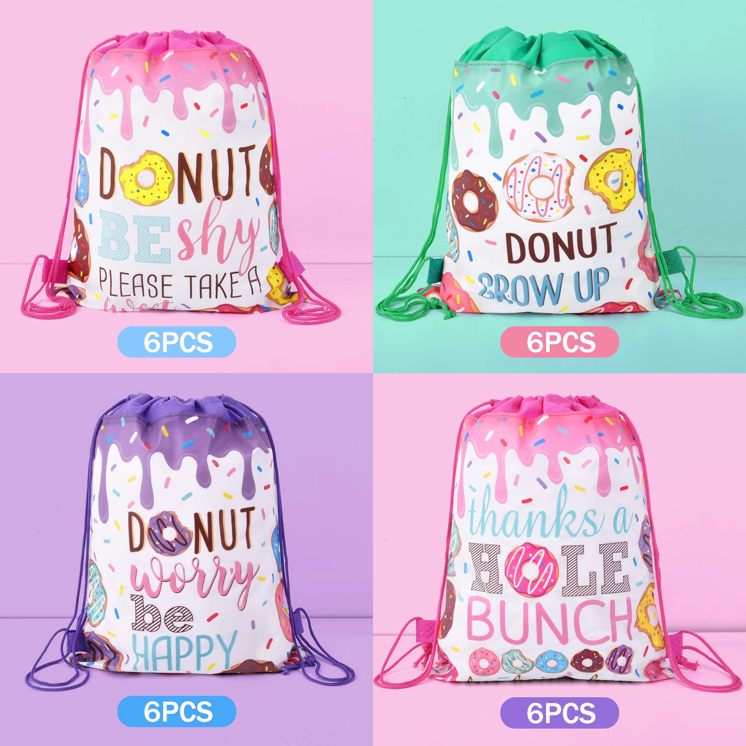 Donut Birthday Party Supplies Set of 24 - Donut Grow Up Gift Bags, Drawstring Favor Bags for Donut Theme Party Decorations | Perfect for Kids Birthday Celebrations, Baby Showers & Classroom Treats