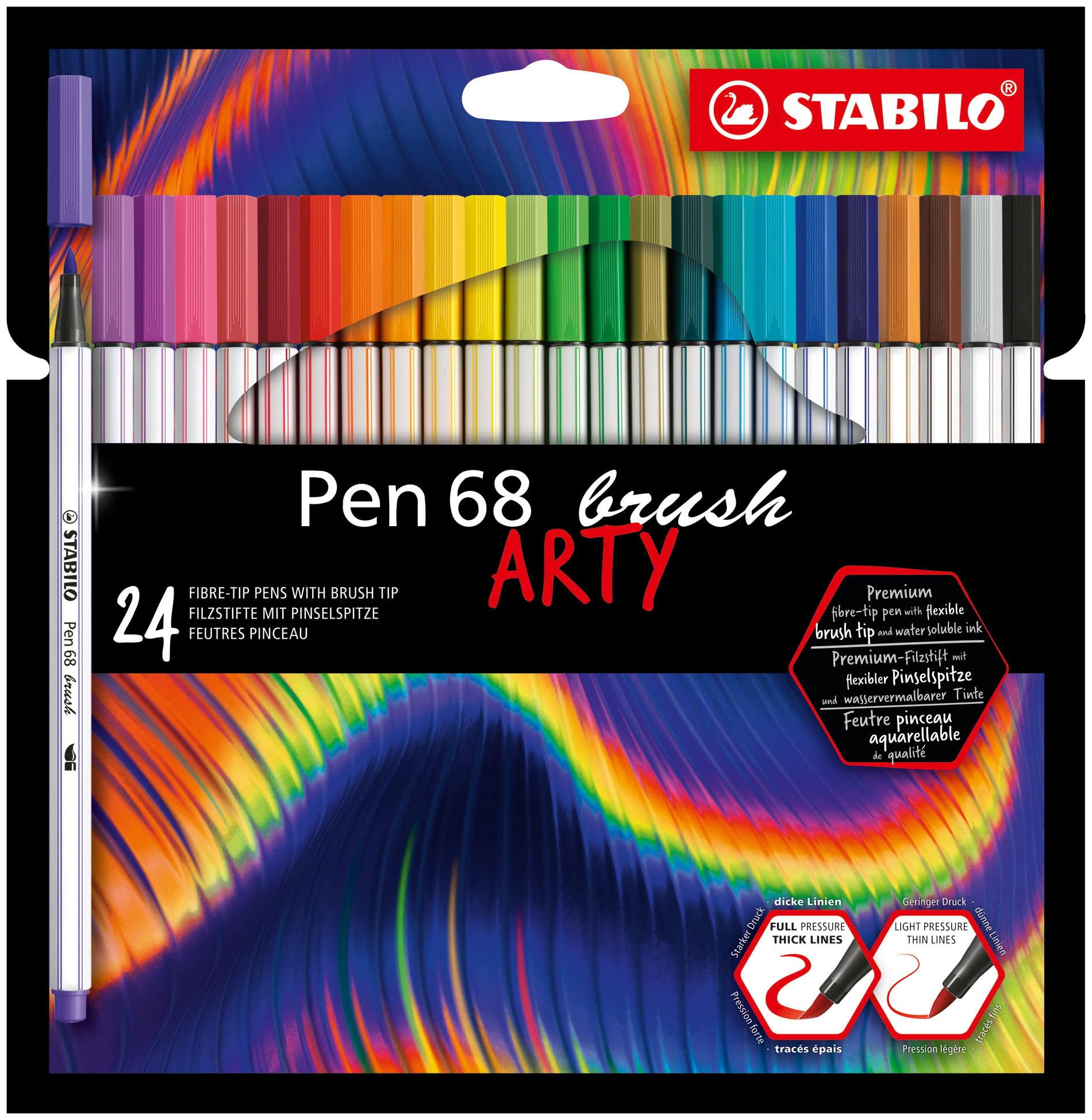 STABILO Premium Fiber-Tip Brush Pens - 24 Pack Assorted Colors for Calligraphy, Hand Lettering, Sketching & Adult Coloring Books | Art Supplies for Artists & Beginners