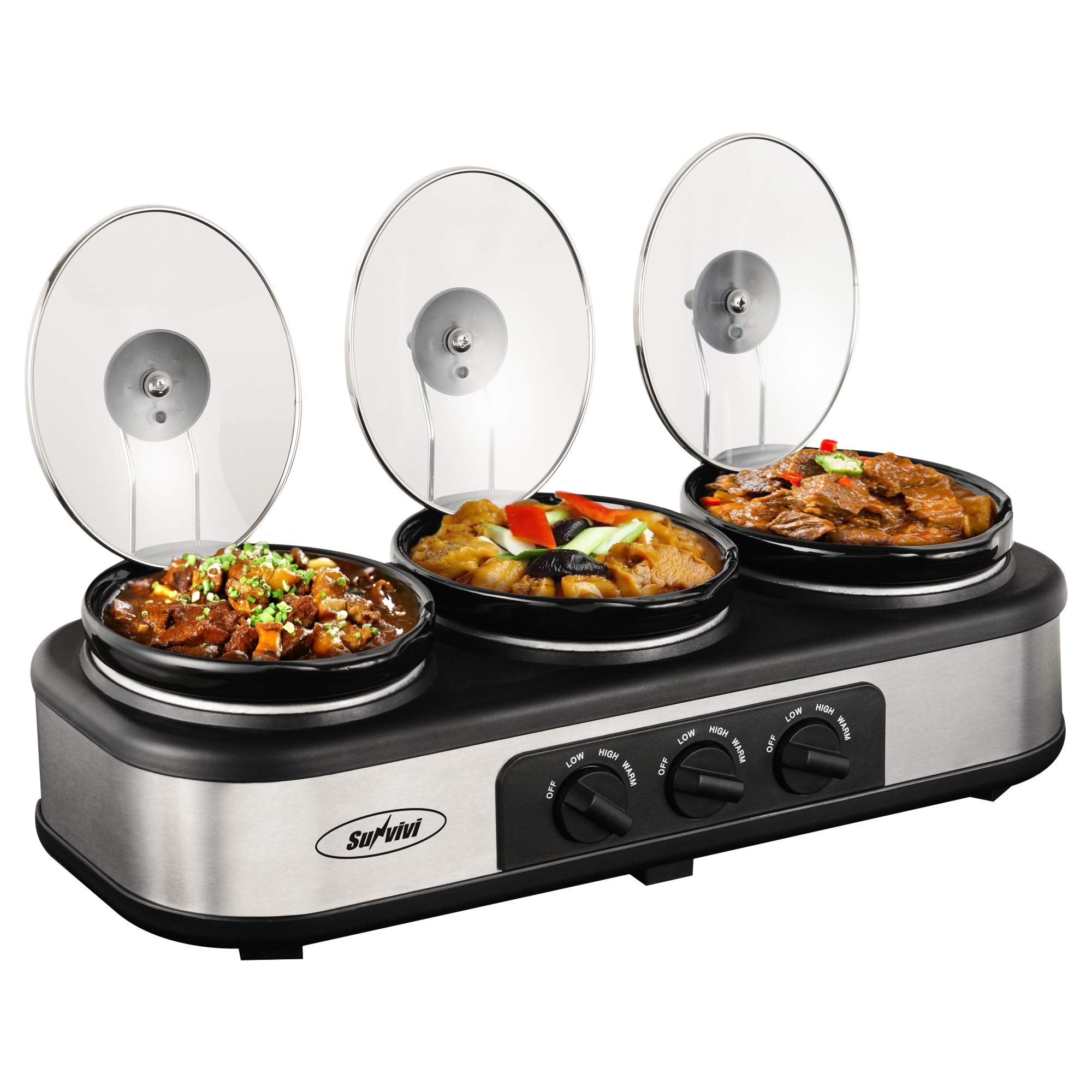 Dual & Triple Slow Cooker Buffet Server - 3-Pot Food Warmer with Adjustable Temperature & Stainless Steel Lid Rests - Perfect for Parties, Catering & Family Gatherings