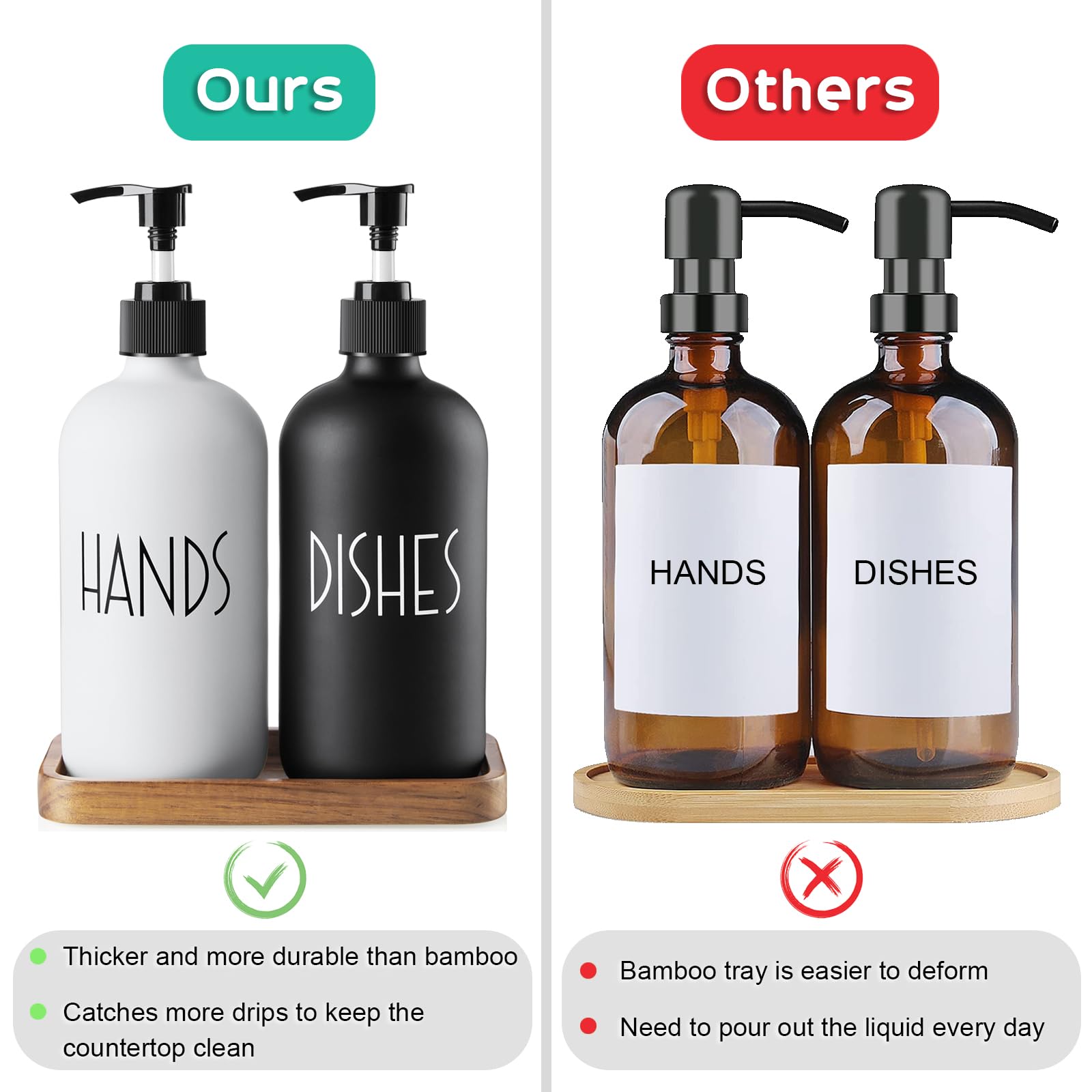 ALELION 16oz Glass Soap Dispenser with Acacia Wood Tray - Modern Farmhouse Kitchen & Bathroom Hand Soap Pump - Black & White Home Decor for Sink Countertop - Perfect for Kitchen, Bath, Laundry Room & Guest Washroom