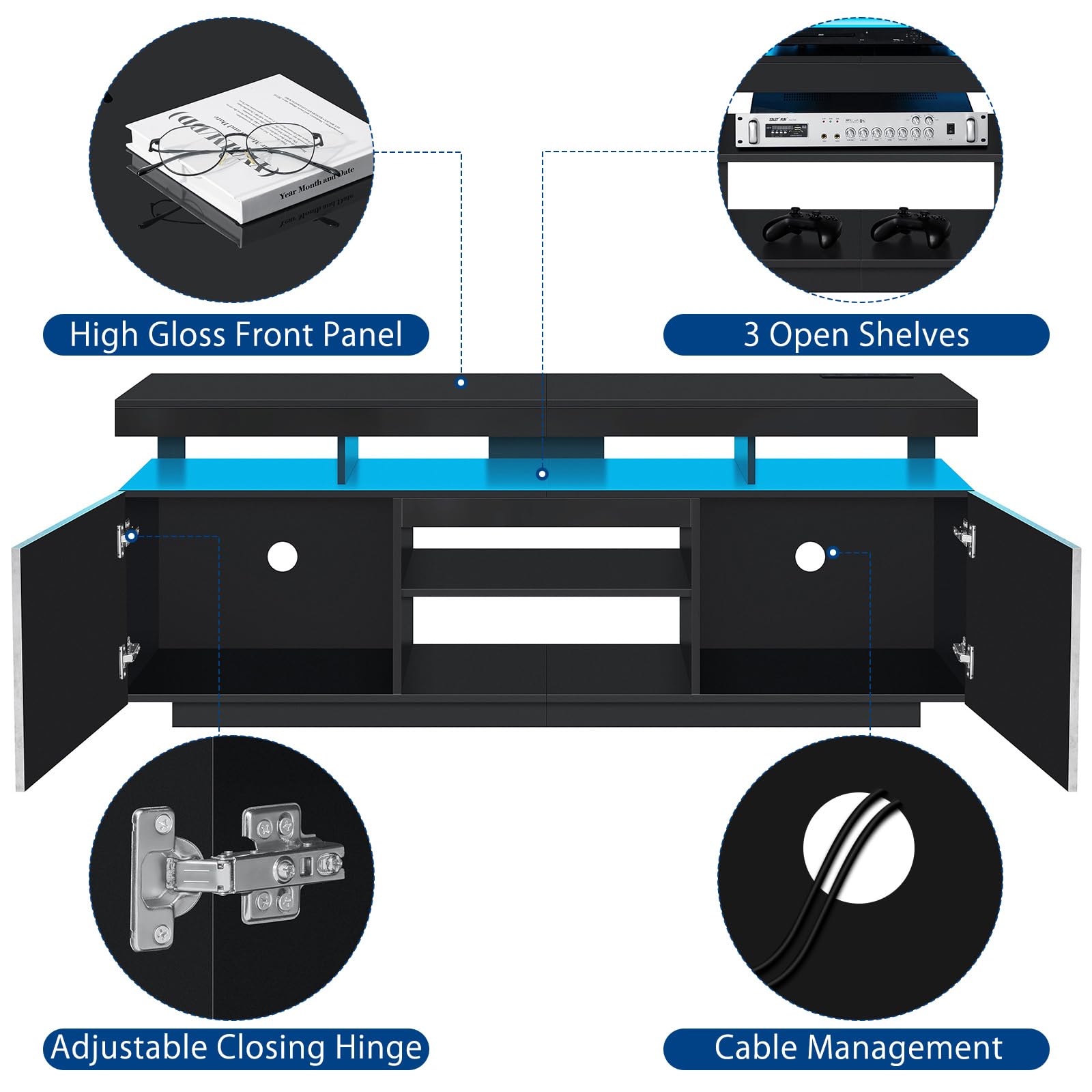 HOMMPA 2-Piece LED Lift Top Coffee Table and TV Stand Set - Modern LED Entertainment Center with Power Outlets for 70