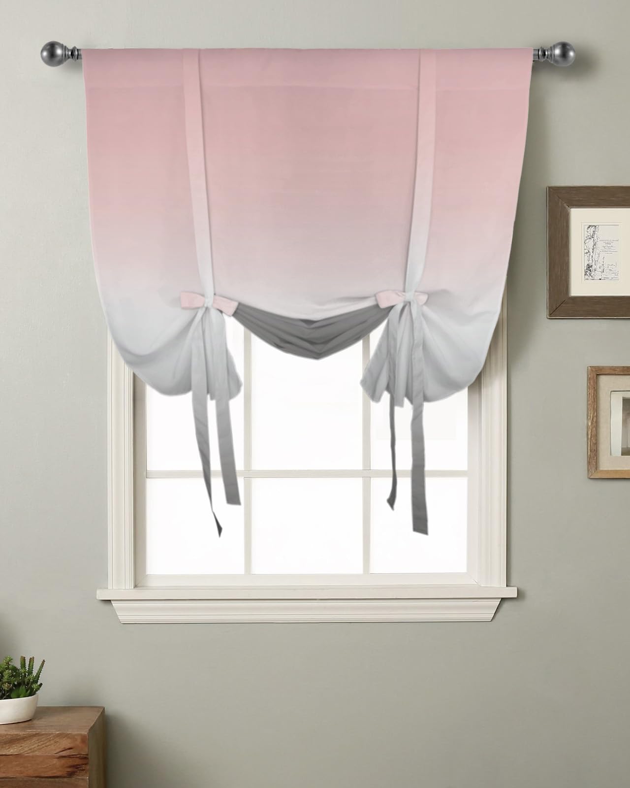 Ombre Pink and Gray Balloon Window Shade Curtain - Rod Pocket Design, Adjustable Tie-Up Short Curtain for Small Windows (42